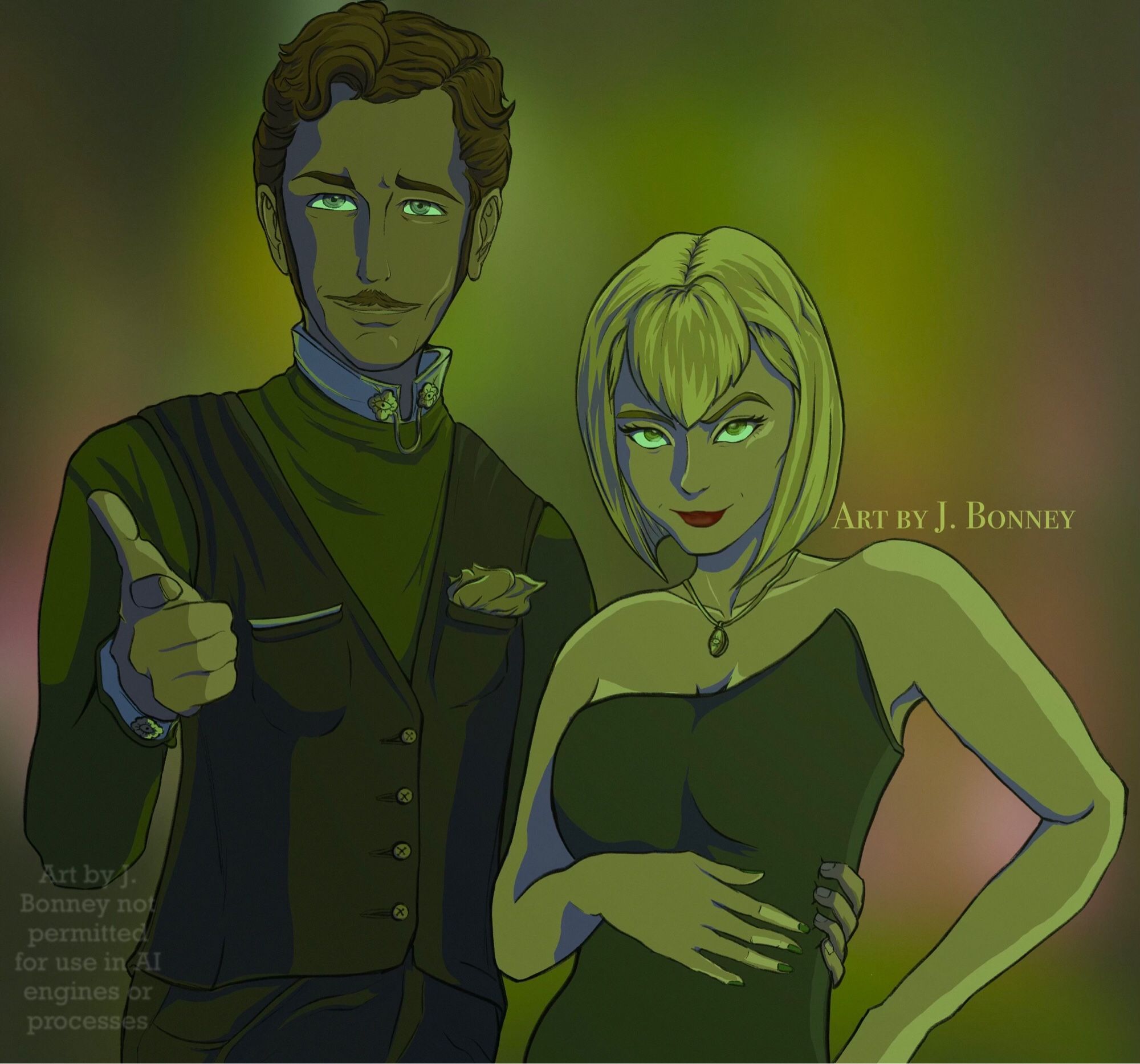 A man and woman in green lighting stand next to each other looking off at a subject out of frame. The woman wears a black dress and a necklace with an eye pendant. She smirks with one eyebrow raised. The man is holding on to her side tightly and smiling congenially, making a finger gun with the other hand. He wears a similar eye design as her pendant on his collar. Both of them have eyes that defy the lighting and have a sort of glow to them. Art by J. Bonney