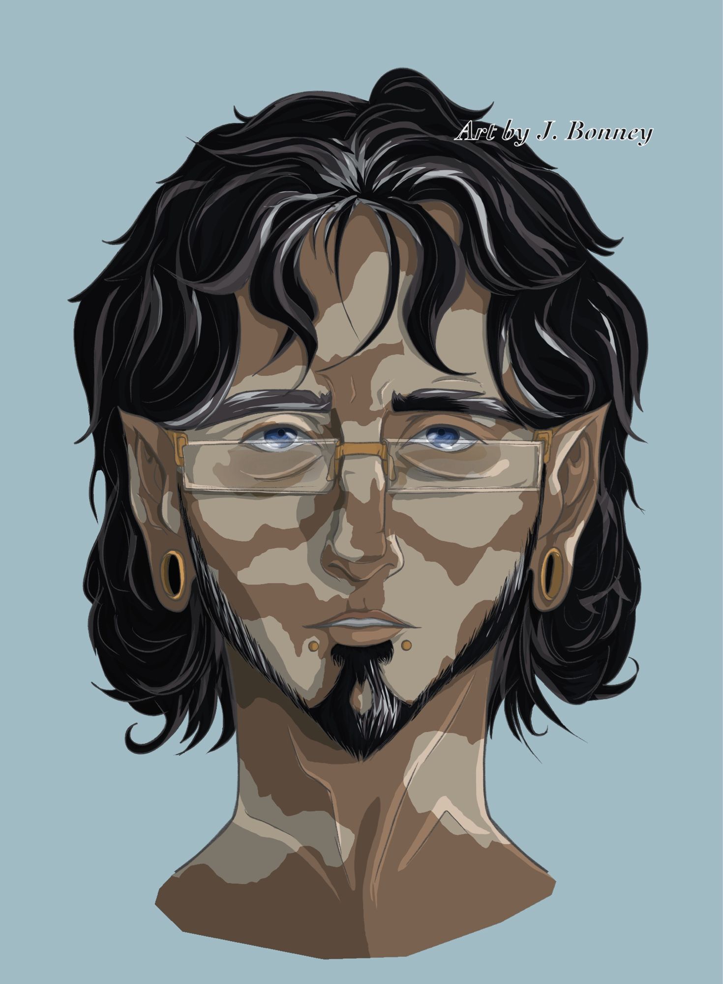 Portrait of man with elven ears, gauges, vitiligo, glasses, snake bite piercings, blue eyes, and facial hair