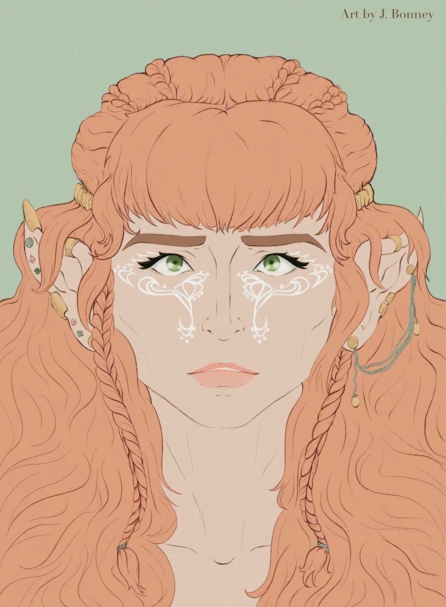 Color art of a woman with elven ears, long ginger hair, and face tattoos