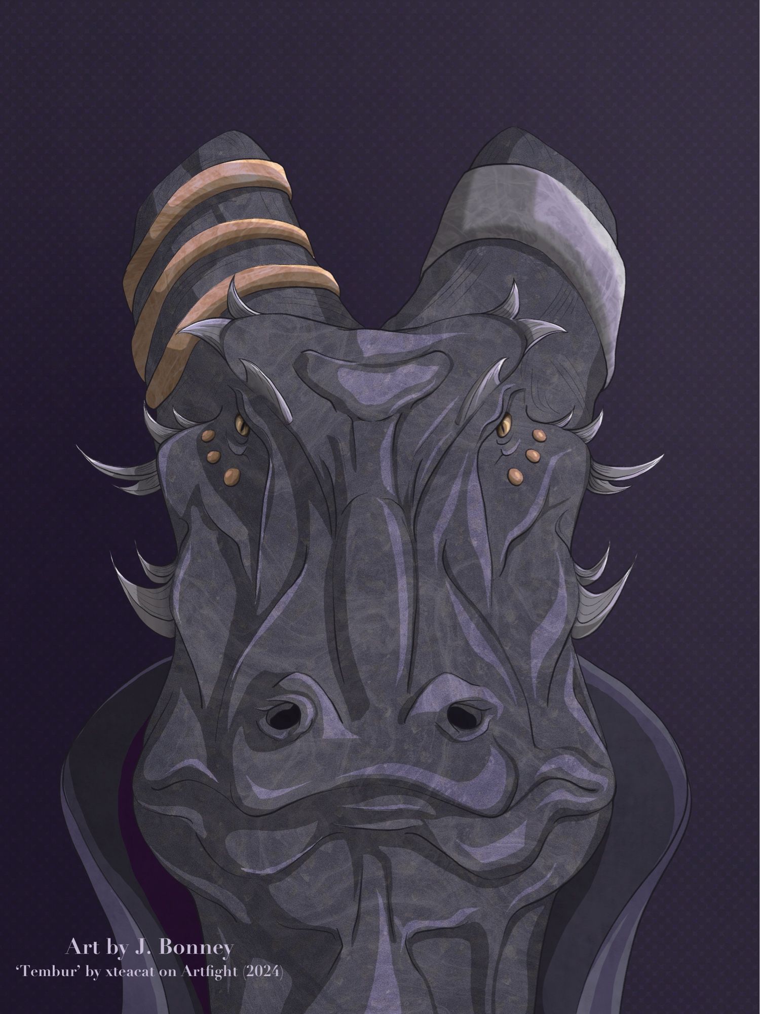 Portrait of grey dragon person with golden eyes, three golden piercings below each eye, and three golden rings around one horn, one grey metal cuff around the other horn. Art by J. Bonney, ‘Tembur’ by xteacat on Artfight2024