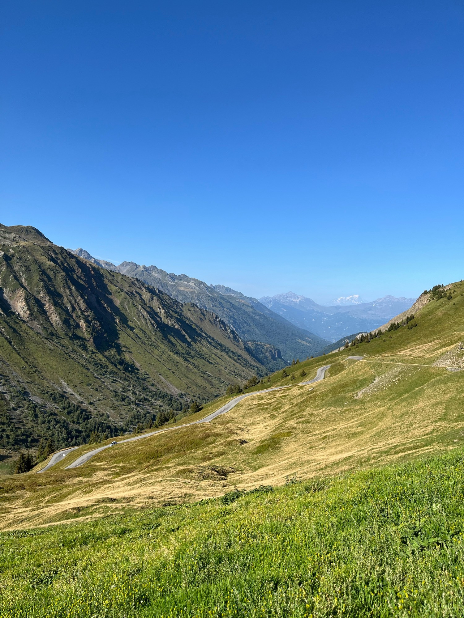 Photography of a valley between mountains in the French Alps. The sky is blue and we can see the Mont Blanc at the horizon.