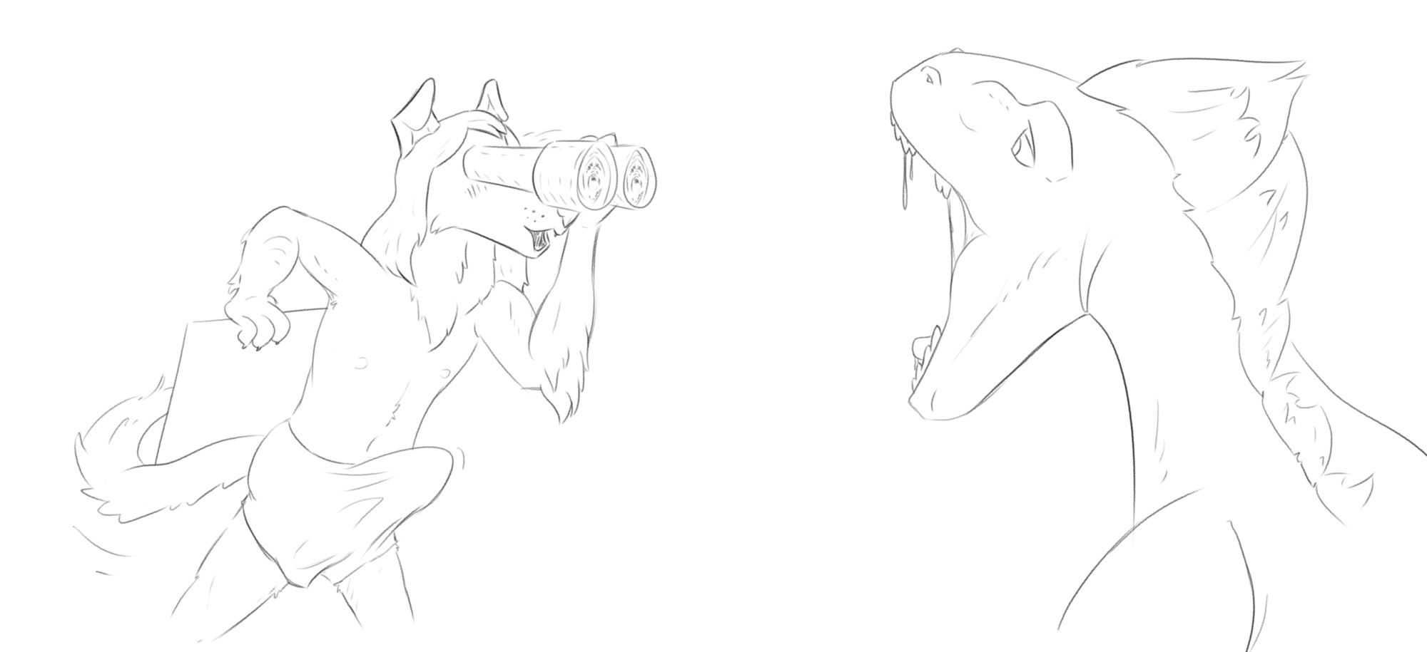 on the left is a borzoi dude getting out of a chair with a huge bonnér, they are looking through binoculars while pogging; on the right is a utahraptor seductively displaying their wide open maw