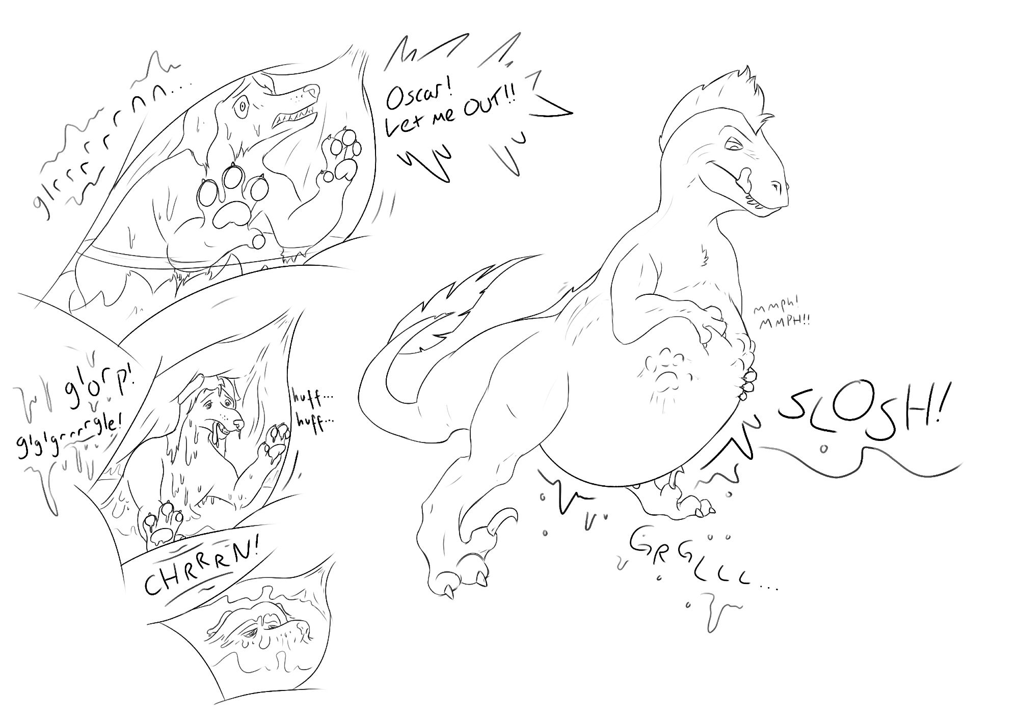 unfortunate borzoi can be seen melting like ice cream inside the dino's belly; meanwhile a full and satisfied utahraptor kneads them down...