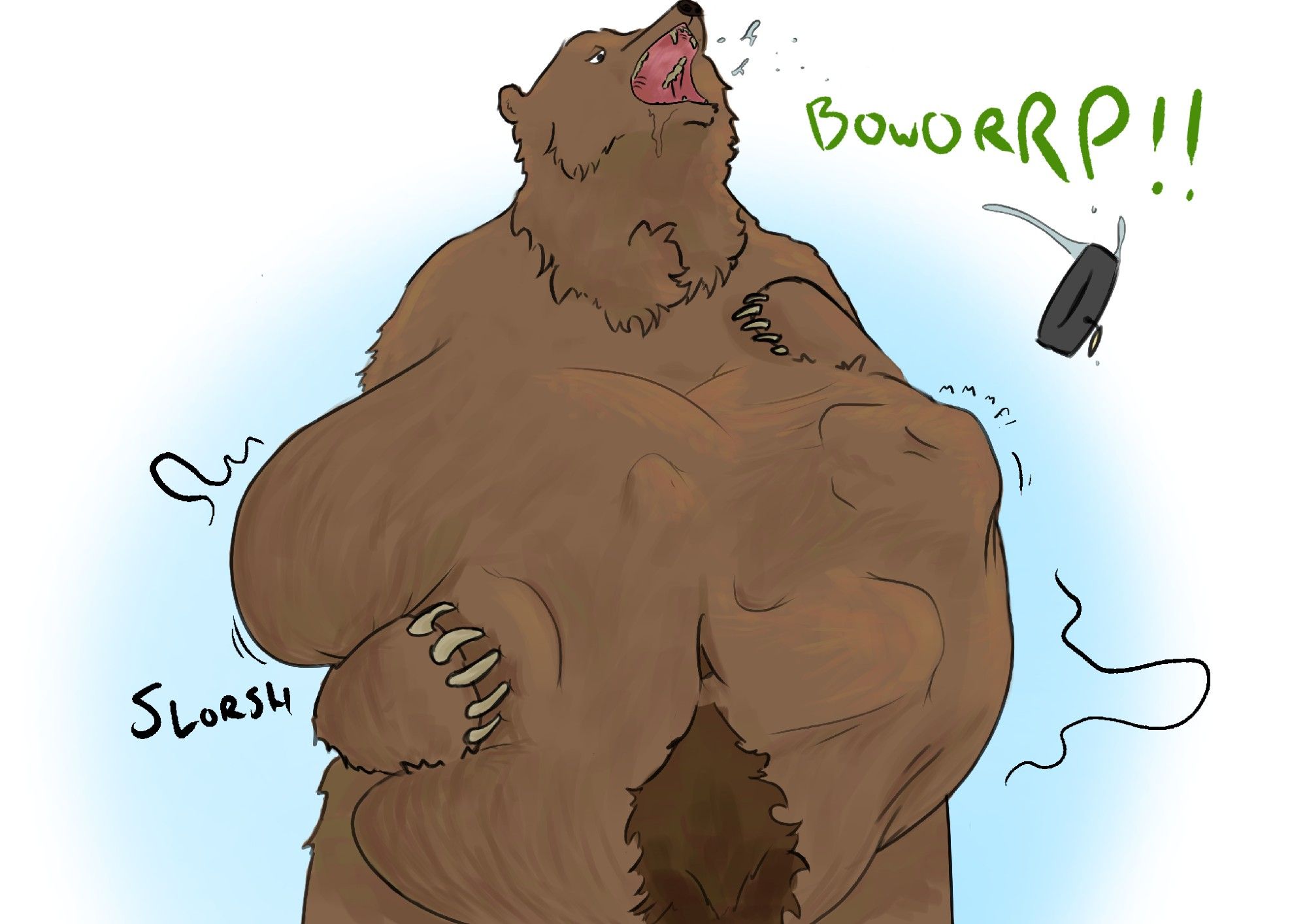 vore image of a bear standing up with a sloshing belly full of some dude; he is belching out a collar