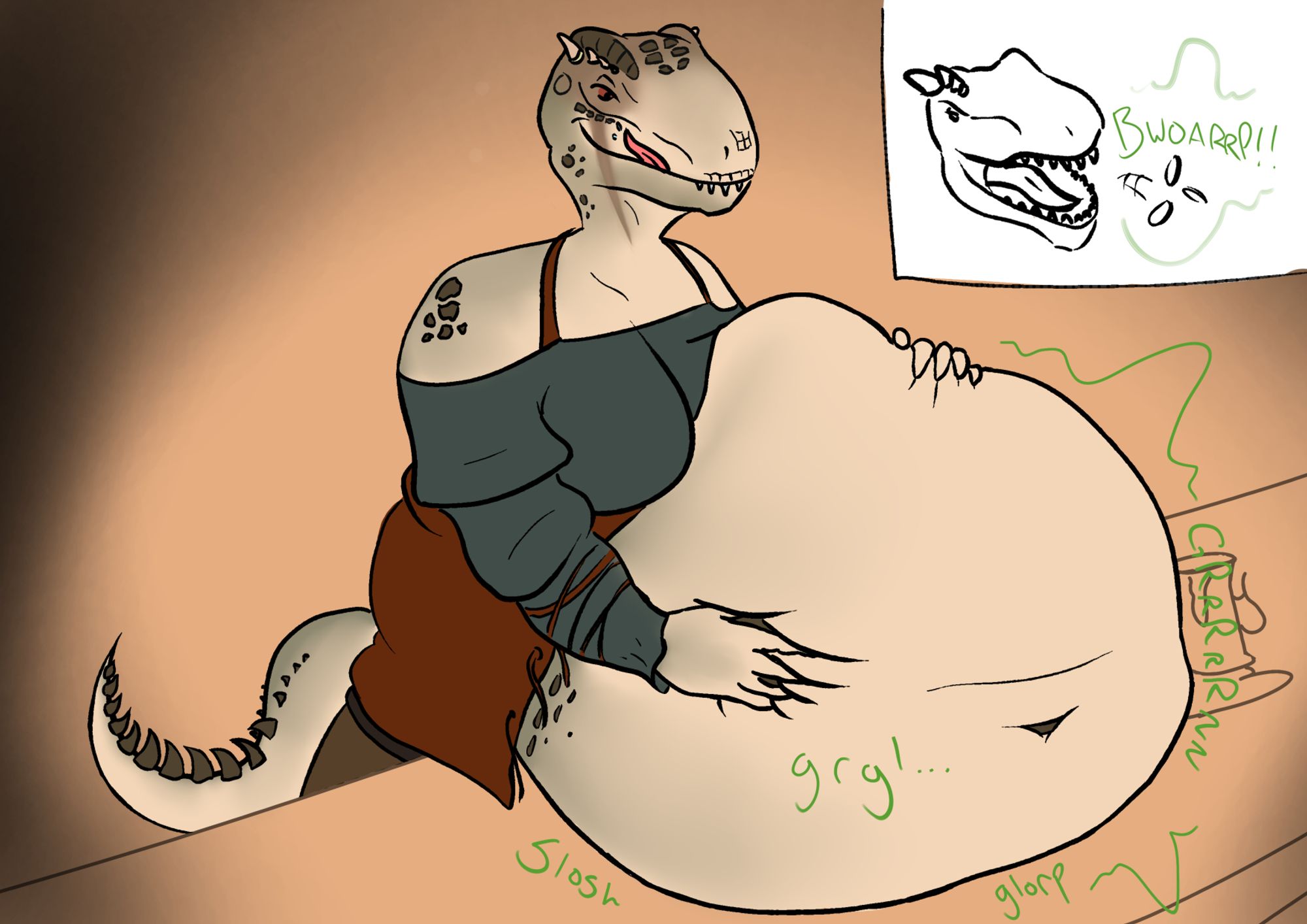 (vore) Keerava from Skyrim pressing a prey-filled gut against a countertop; a small panel shows her belching up 3 coins