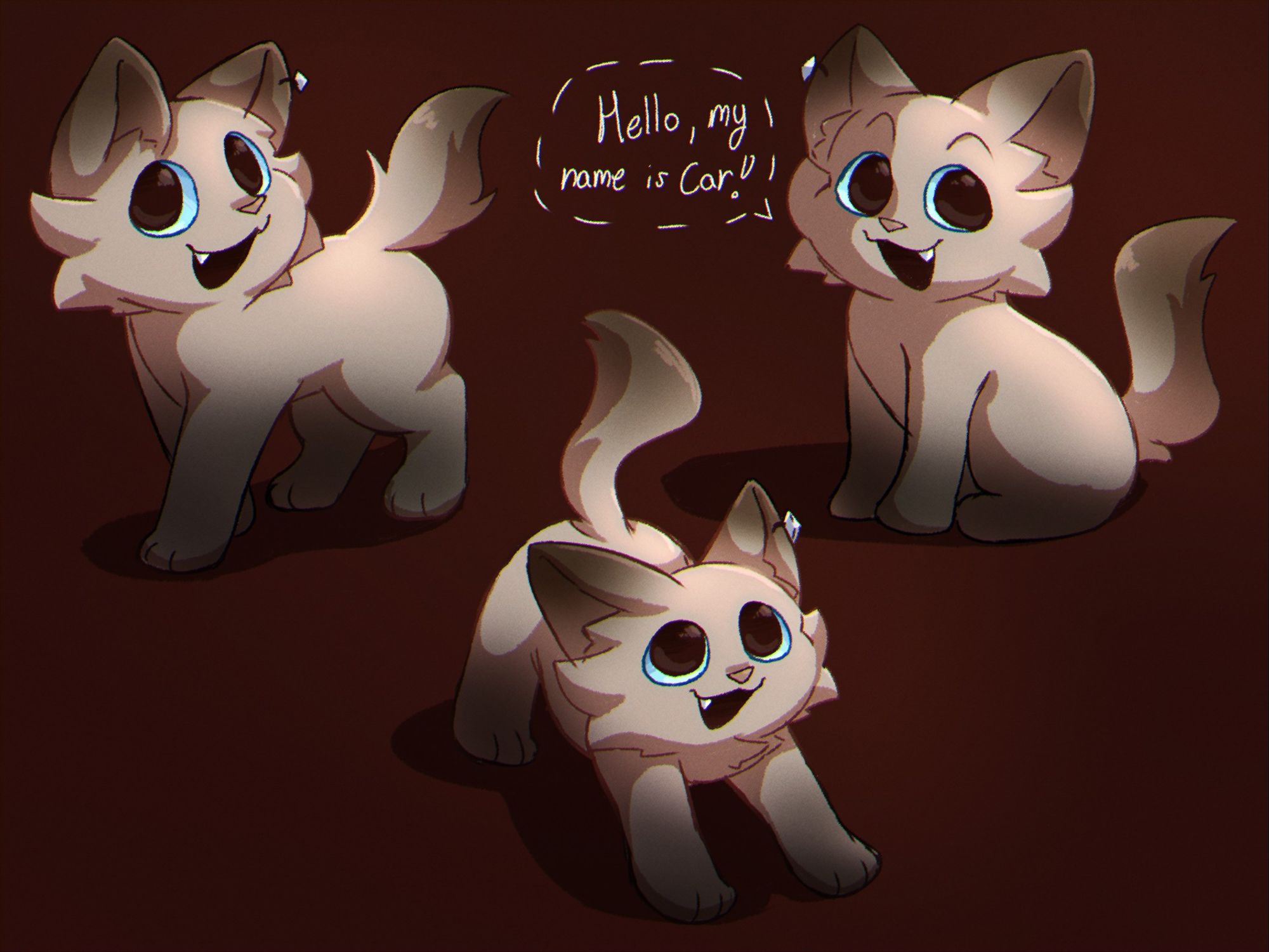 3 doodles of Car, one of which he's saying "Hello, my name is Car!"