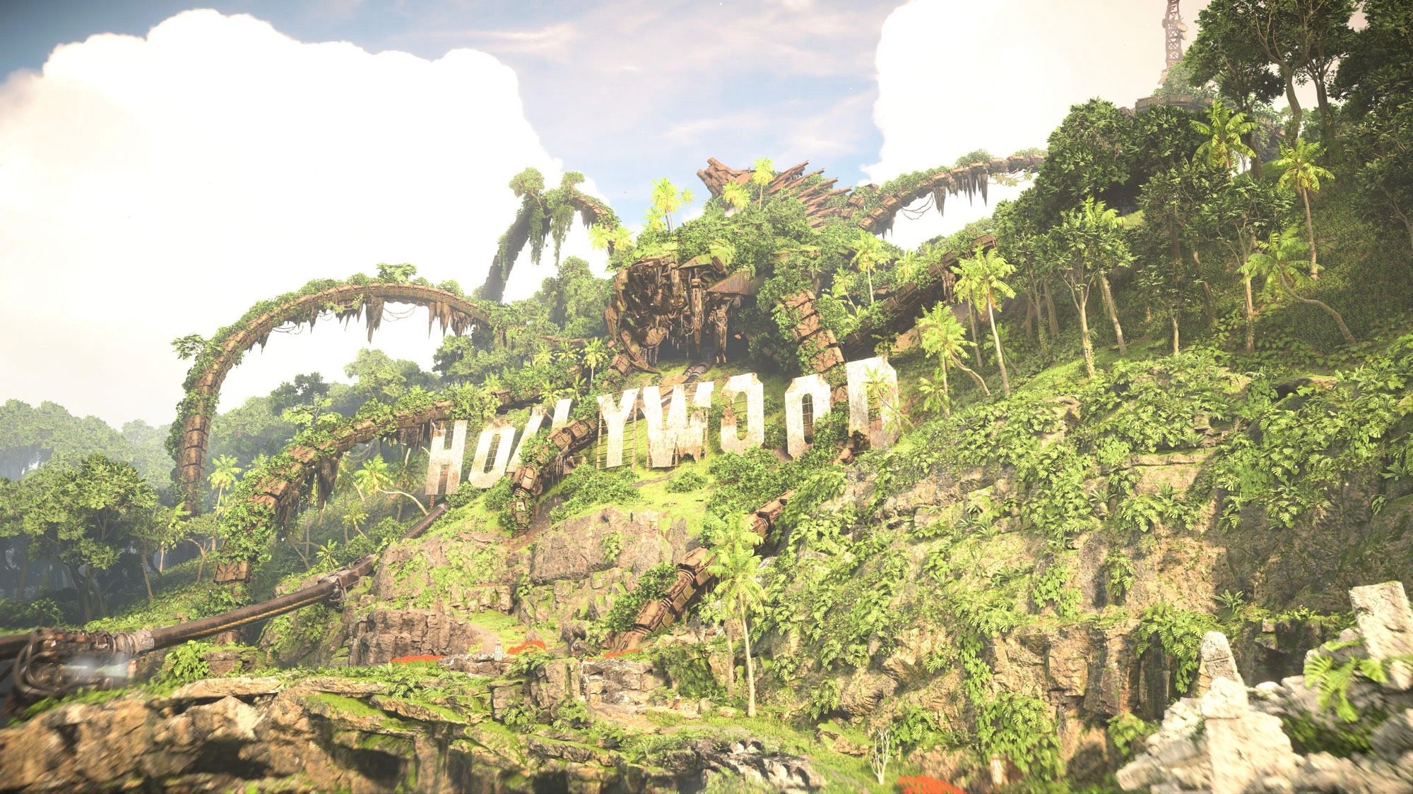 Screenshot from Horizon: Forbidden West/Burning Shores with the Hollywood sign being crushed by the arms of a giant machine while both are overrun with vegetation.