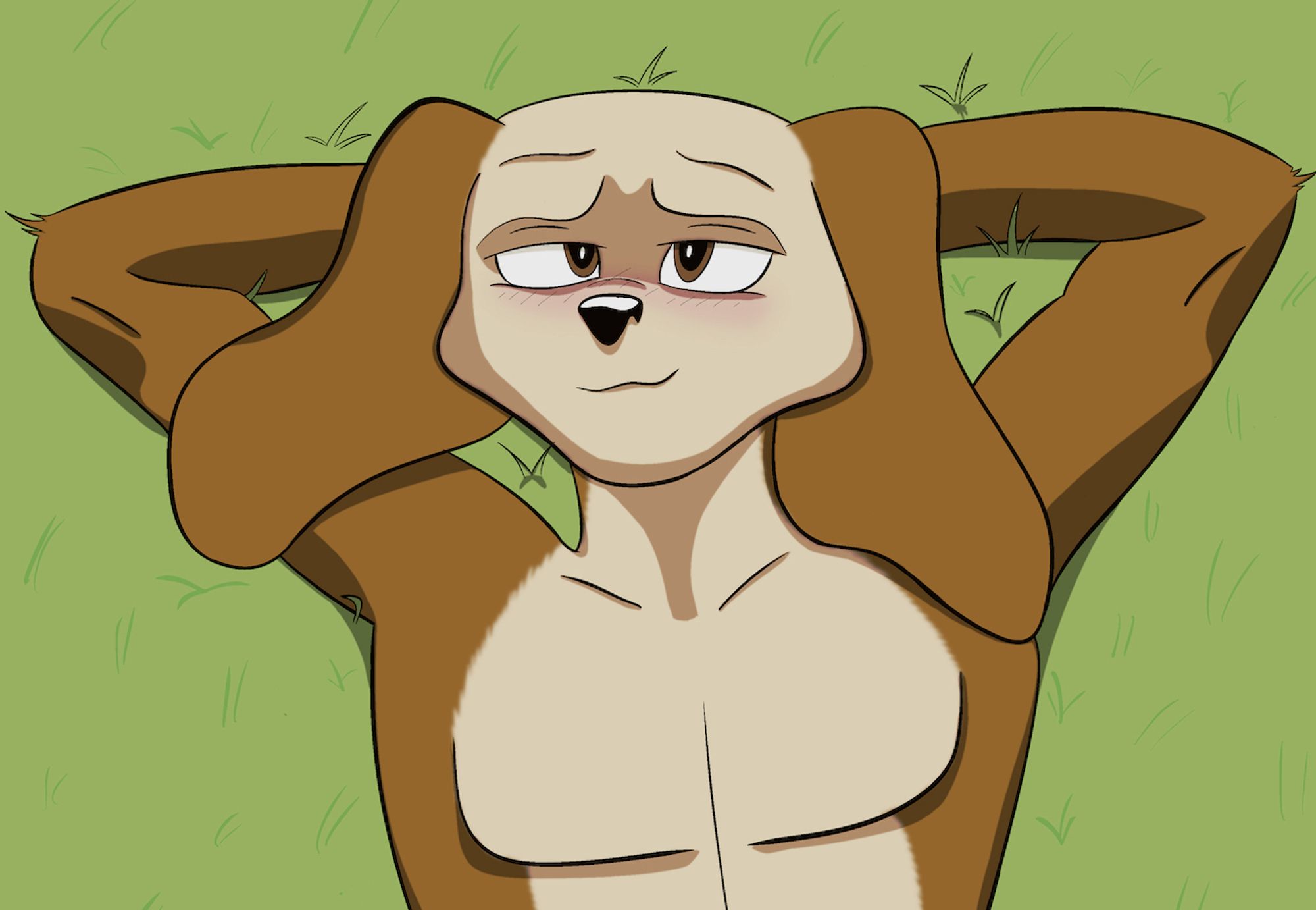 Illustration of brown and tan male anthropomorphic dog lying on the grass, blushing and looking up toward the viewer