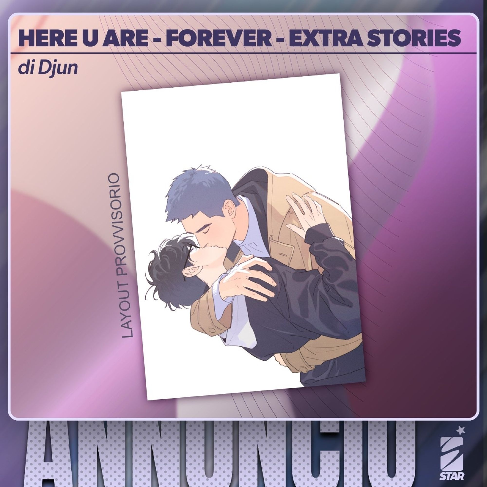 Banner com o anúncio da edição extra de "Here U Are" pela editora italiana Star Comics. 

Ao centro, há uma ilustração com os dois protagonistas abraçados e se beijando.