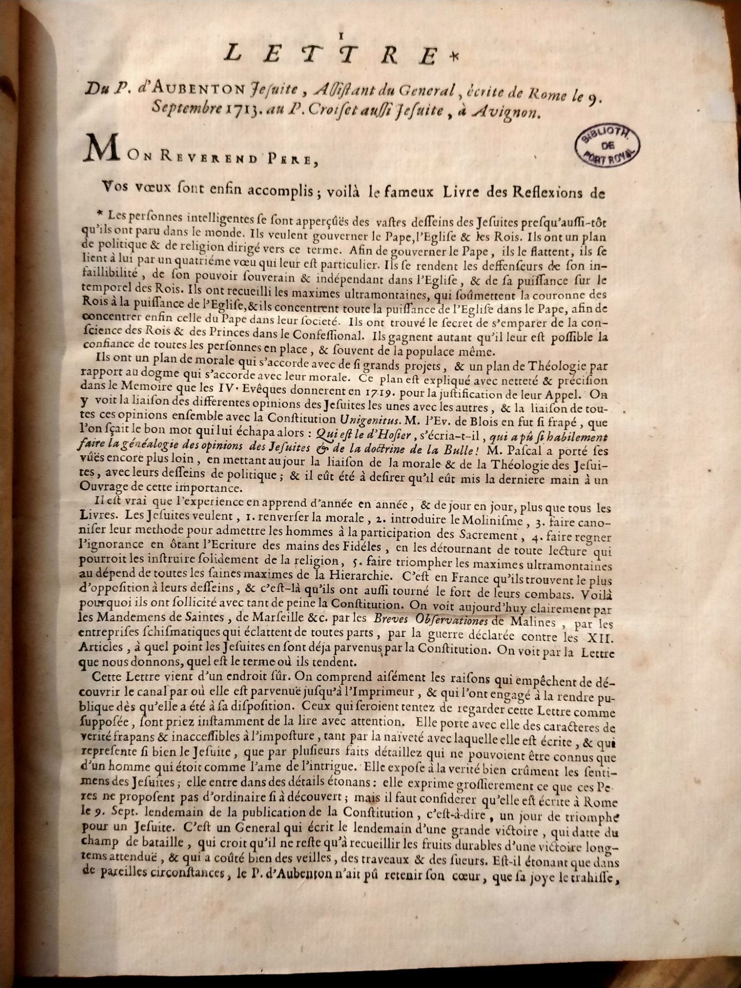 Première p. de "Lettre du P. d'Aubenton jesuite, assistant du General, écrite de Rome le 9. Septembre 1713 au P. Croiset aussi jesuite, à Avignon"