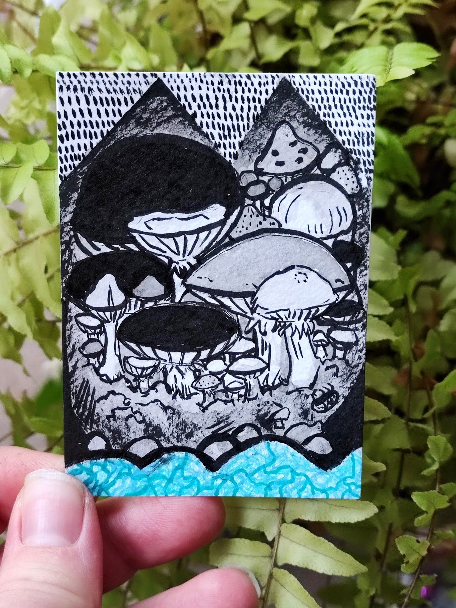 a picture of fingers holding up a trading card sized painting in front of a Boston fern plant. 
The picture is of a forest made up of different sized mushrooms of different species painted in black ink. The bottom of the painting is blue with a network of roots that make up the mycelium that connect all the mushrooms together. the top of the painting has 3 triangles that had been left unpainted, these triangles have been filled with small vertical dashes to represent spores.