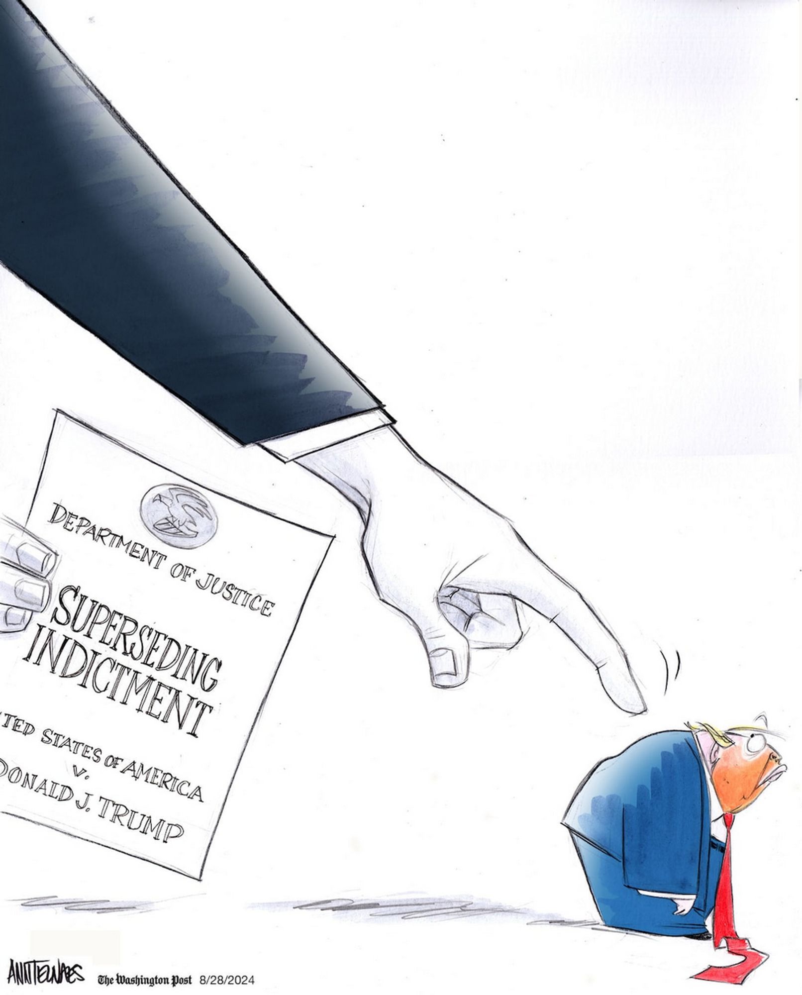 Editorial cartoon depicting a long arm in a black sleeve reaching down and tapping a hunched over, scared looking Trump on the shoulder. The other hand of the black-sleeved person is holding a paper which reads, "Department of Justice: Superseeding Indictment: United States v. Donald J. Trump"

Credit: Ann Telnaes 