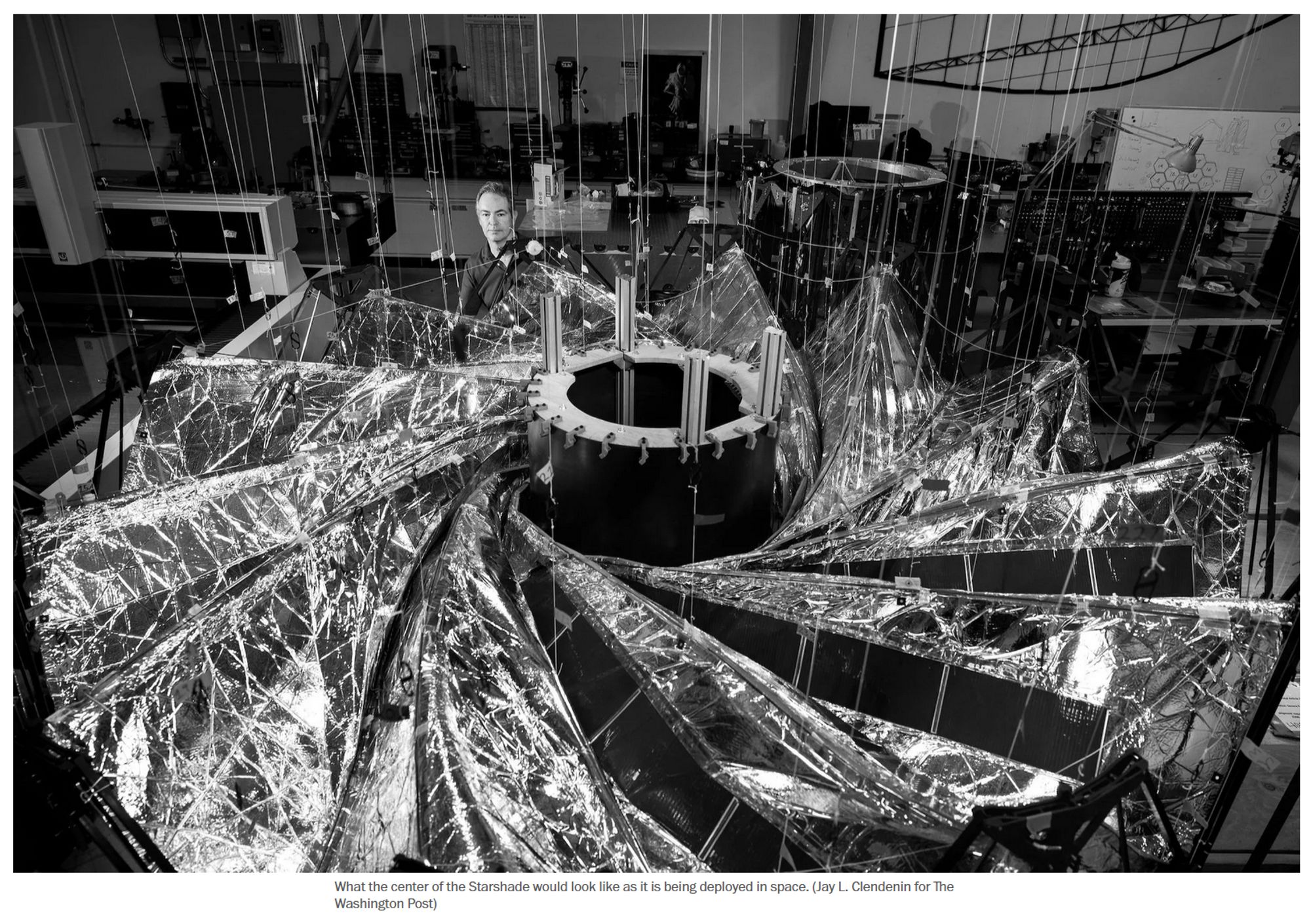 Photo with caption:
What the center of the Starshade would look like as it is being deployed in space. (Jay L. Clendenin for The Washington Post)