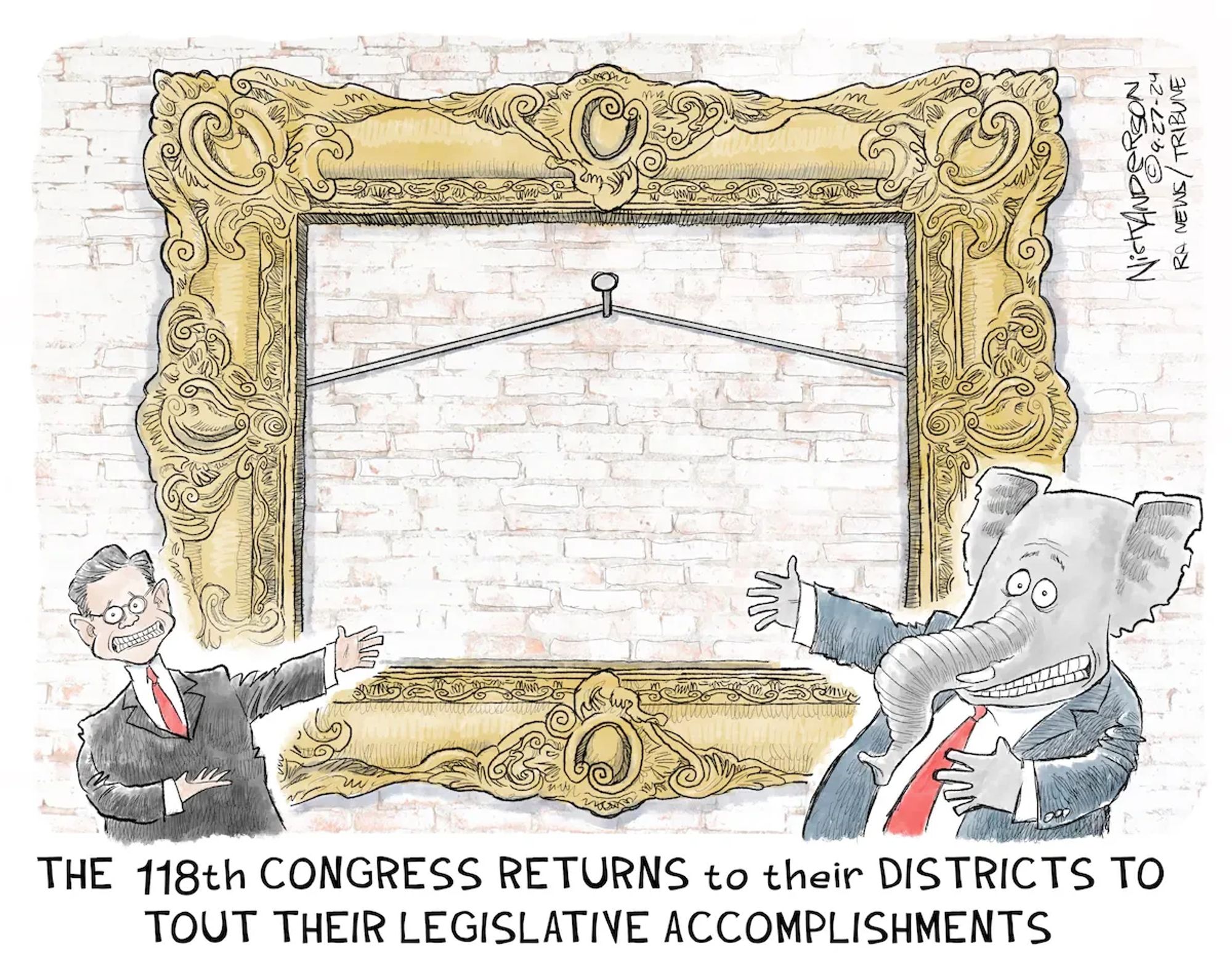 Editorial cartoon showing a man in a suit (probably Speaker of the House Mike Johnson (R-La)) and a GOP elephant gesturing towards a very fancy gold frame hanging on the wall that has absolutely nothing in it.

Credit: Nick Anderson 