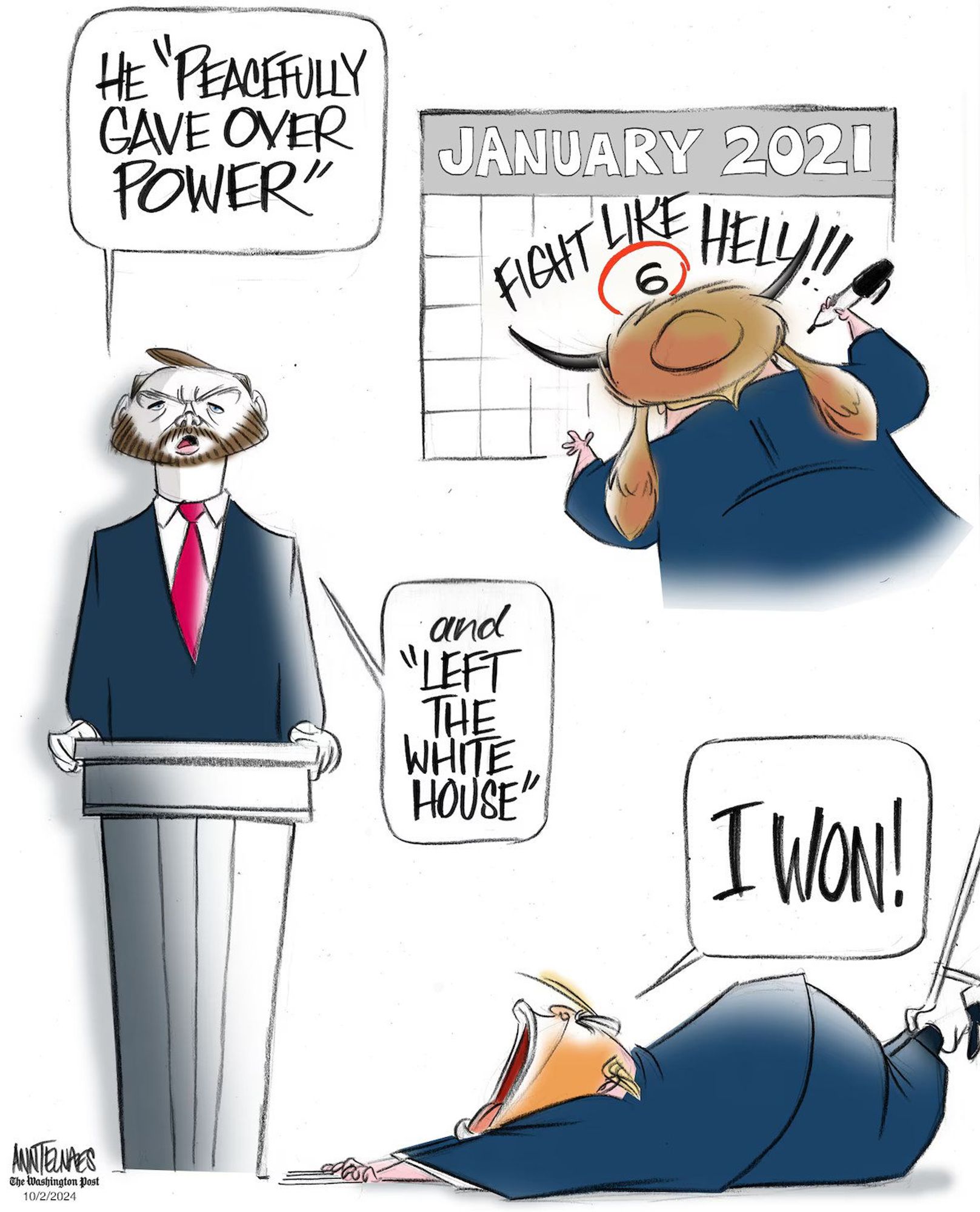 Editorial Cartoon depicting JD Vance speaking at the debate claiming, "He [Trump] "peacefully gave over power"

To the right is an image of Trump is the MAGA shaman's horned headdress writing on a calendar that has January 6 circled in red ink, "Fight like hell!!"

Vance continues lying, "and "left the White House""

To the right is an image of Trump being dragged out by his ankles while screaming, "I won!"

Credit: Ann Telnaes 