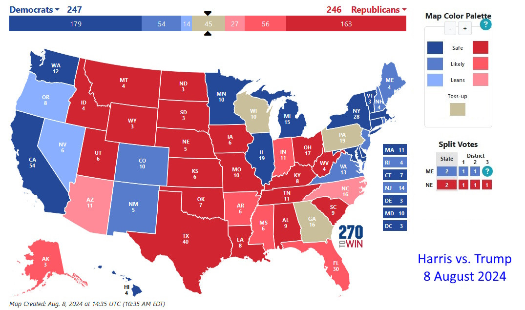 An Electoral Map Showing A Prediction of 247 EV for Kamala Harris and 246 EV for Donald Trump.  States with a total of 45 EV are toss-ups.