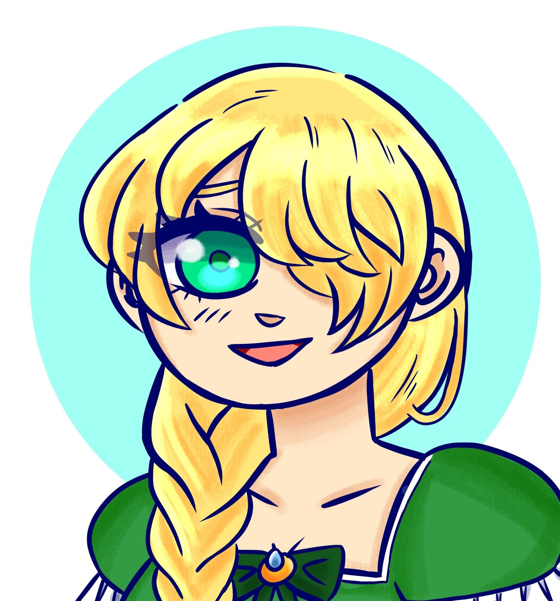 edelweiss! she has bright blonde hair, green eye, and is wearing a green dress with a dark green bow! she is smiling graciously.