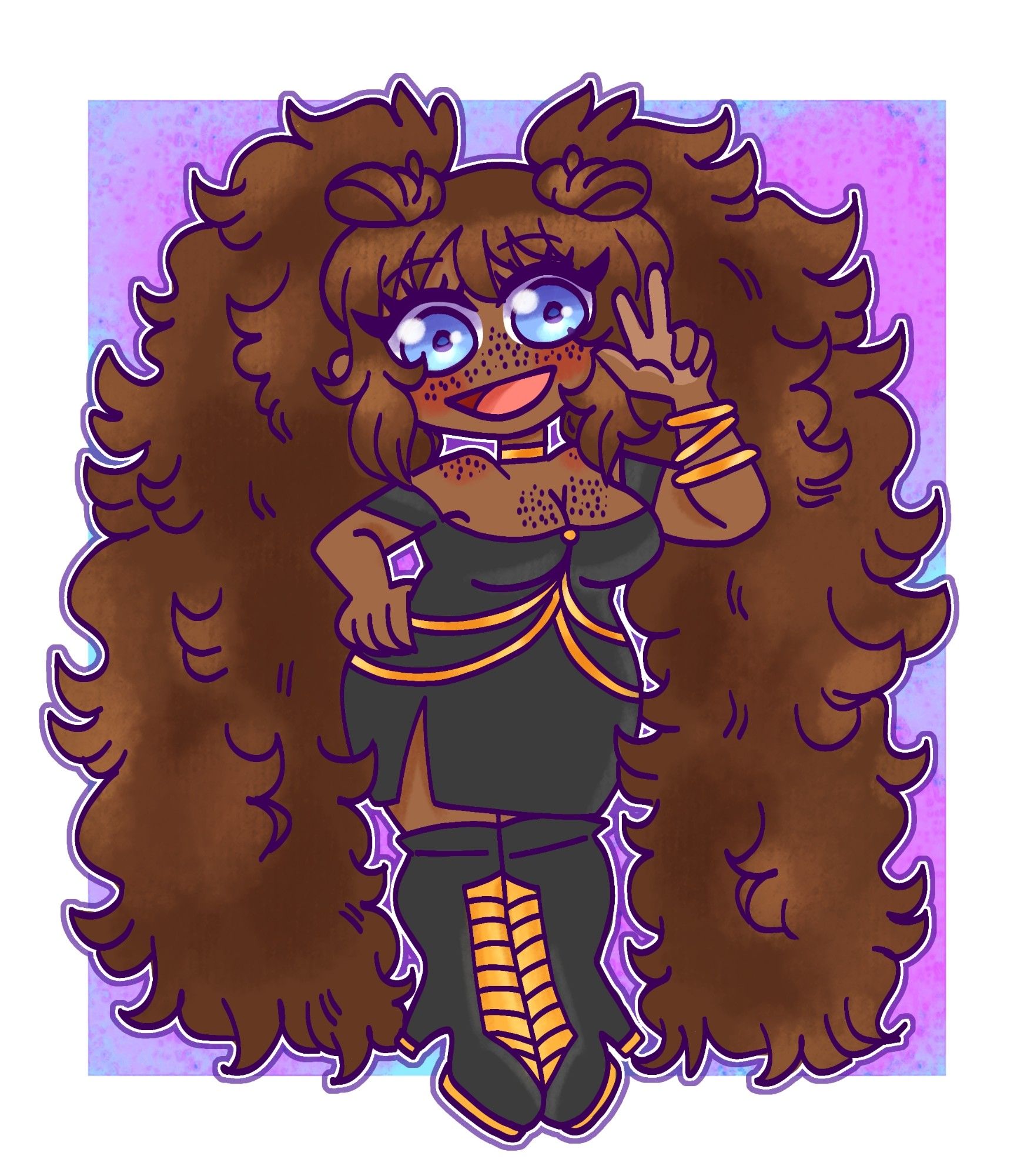 markus (they/them) wearing a black dress with gold chains, and black boots with gold highlights. they have brown skin, long curly brown hair in two pigtails, big blue eyes, and various freckles! they are smiling cheerfully and giving a peace sign!