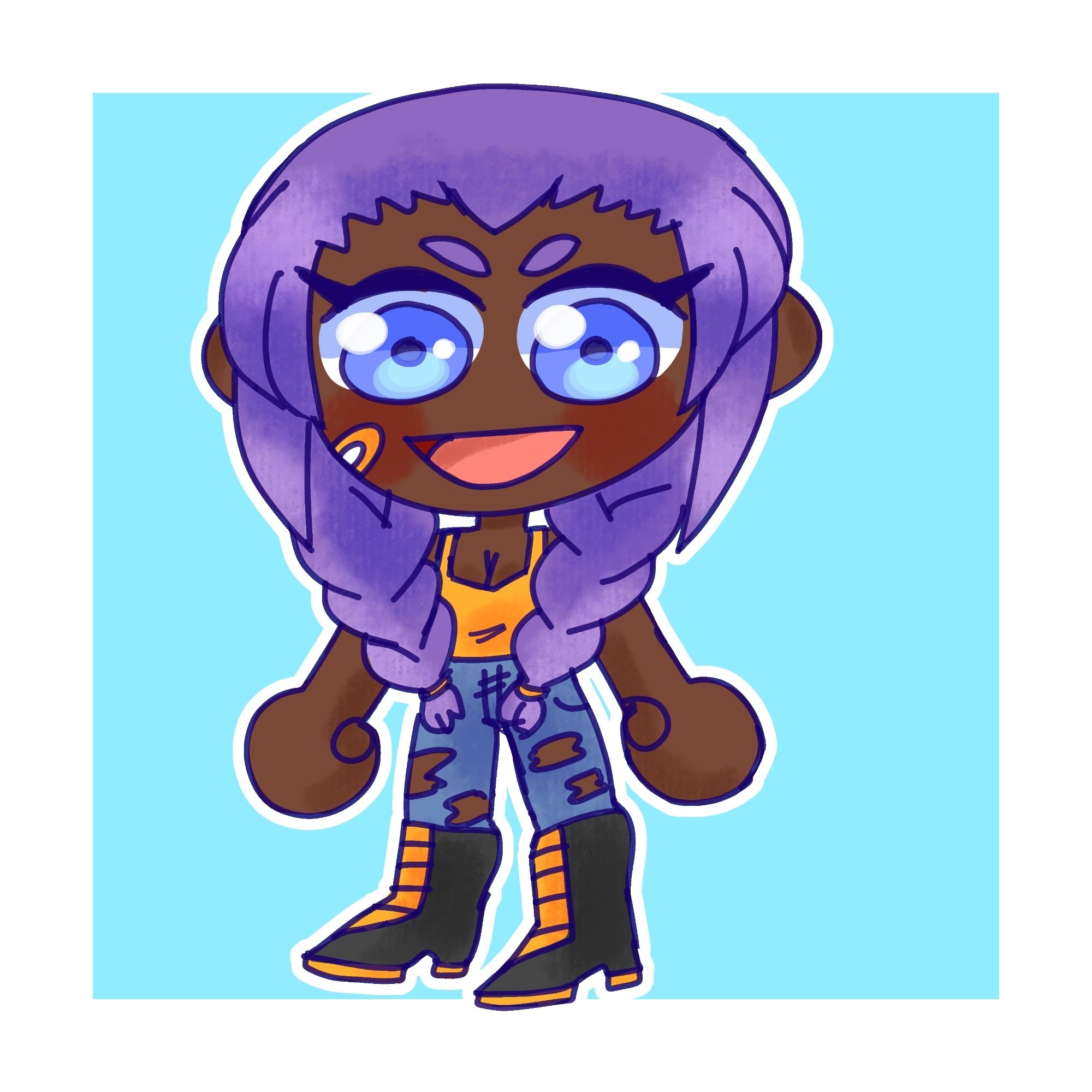 vivian(she/her) in a super chibi style. she has dark skin, blue eyes, and purple hair. she's wearing a yellow tank top, ripped jeans, and black boots with yellow highlights. she's got a big smile.