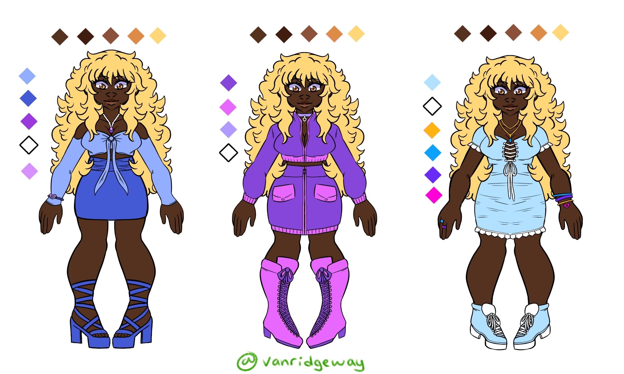 a reference sheet of mali wearing three different outfits