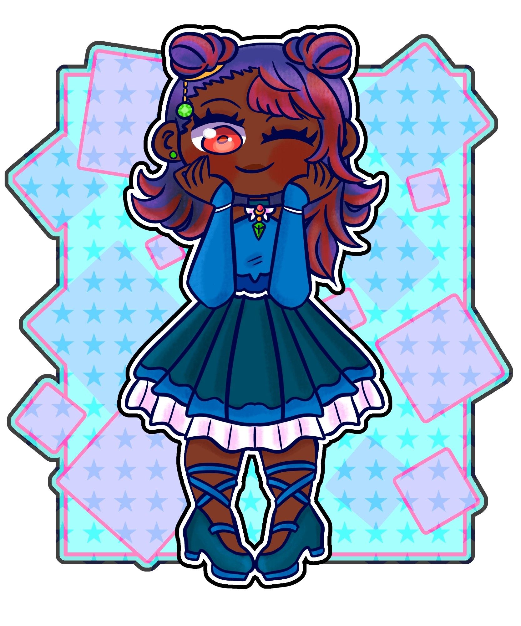 my oc cordelia (she/her). she's got dark skin, red eyes, and blue hair with red stripes throughout. she's wearing a blue dress with white frills, and matching blue strappy shoes. the background is a light cyan, with light purple and pink squares with a star pattern overlayed!