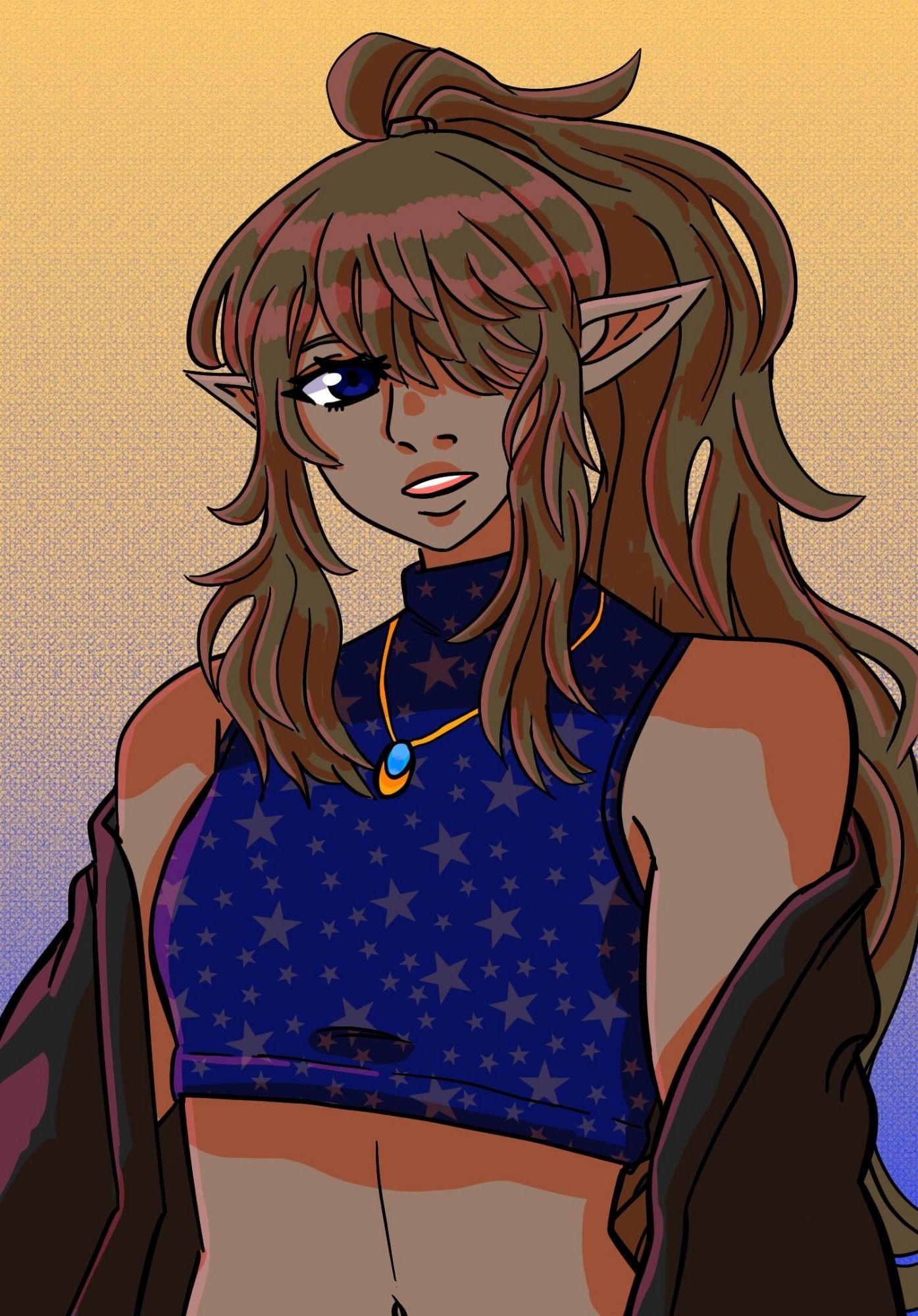 sabrina (he/him) who belongs to my boyfriend. he has pale brown skin, dark blue eyes, and pointy elf ears. his long brown hair is in a high ponytail. he's wearing a blue croptop with a star pattern, and a black jacket draped around his arms. he has a neutral expression.