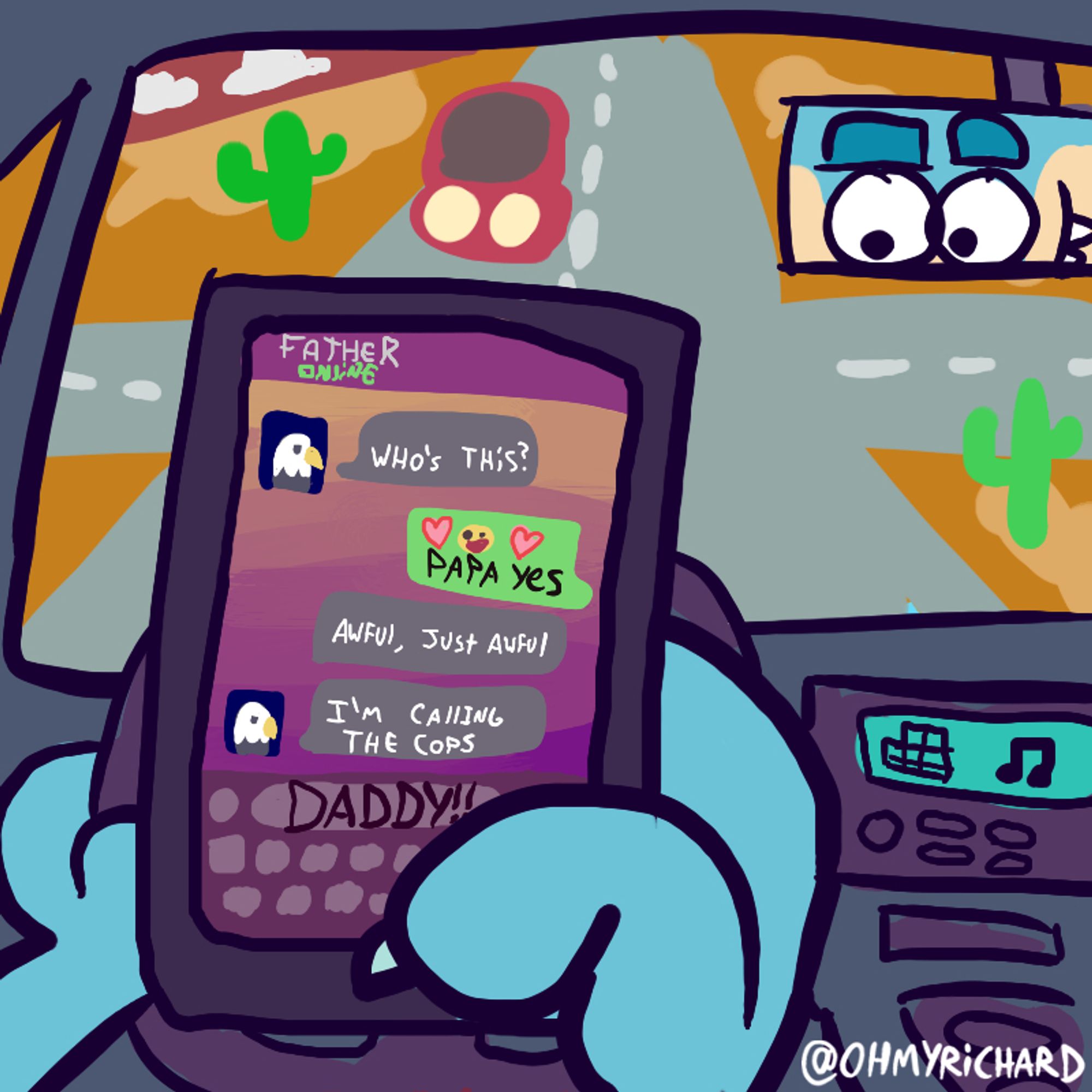 POV of a blue cartoon wolf texting while driving. You can see him holding the steering wheel with his left hand, holding and texting his Daddy on his cellular device with his right hand. In the rear-view mirror, you can see his eyes are NOT paying attention in front of him. 

🎨 Date created: 2019-07-29
#OHMYRICHARDart #Cartoon #CartoonArt #Furry #FurryArt #FurryStickers #TelegramStickers #RecklessDriving #Texting