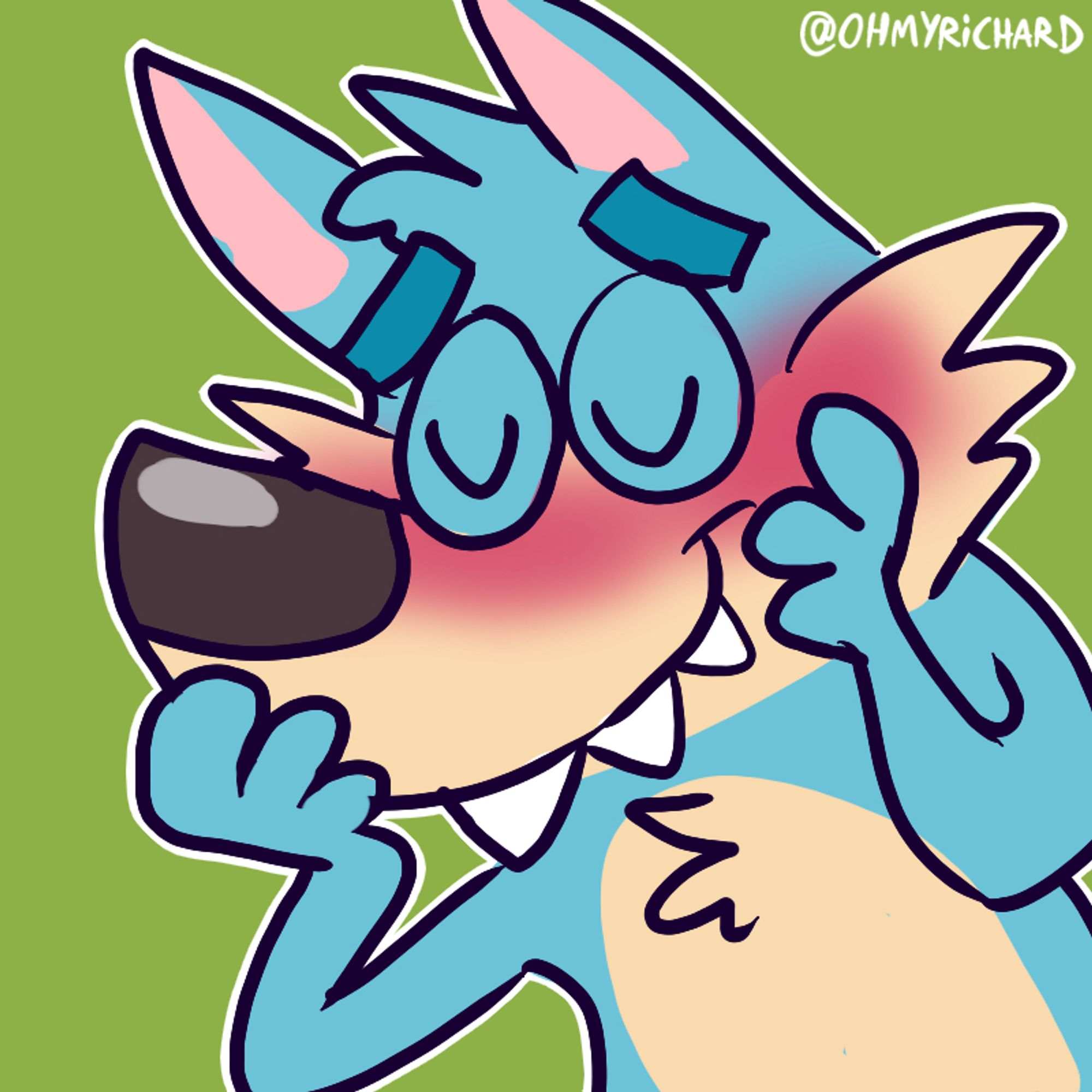 A blue cartoon wolf Blushing, with his paws on his cheek and muzzle

🎨 Date created: 2019-07-29
#OHMYRICHARDart #Cartoon #CartoonArt #Furry #FurryArt #FurryStickers #TelegramStickers