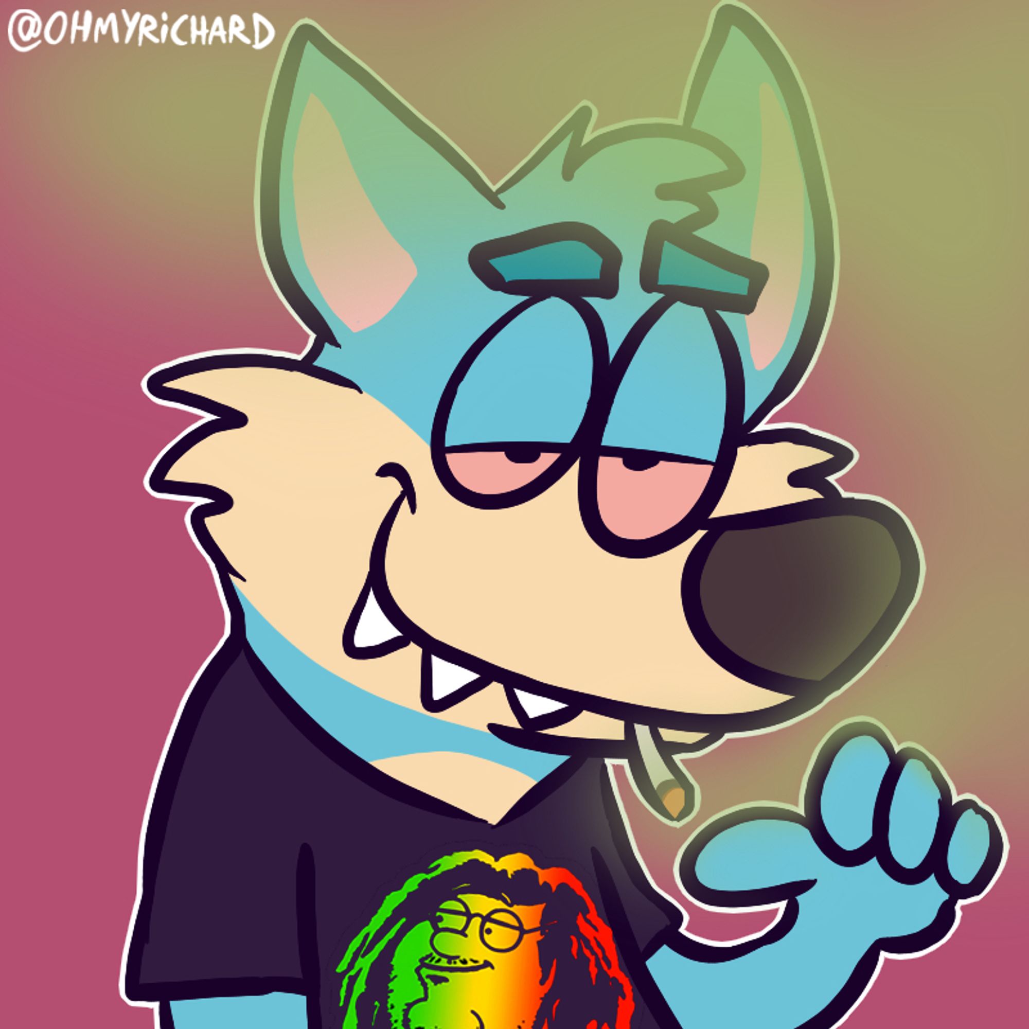 A blue cartoon wolf smoking a joint, with his eyes red and half-lidded. He's pointing his thumb at his epic Rasta Peter Griffin shirt that he bought on AliExpress (This is a real shirt I saw in Seattle once...)

🎨 Date created: 2019-08-14
#OHMYRICHARDart #Cartoon #CartoonArt #Furry #FurryArt #FurryStickers #TelegramStickers #Weed #Ganja #Marijuana #420