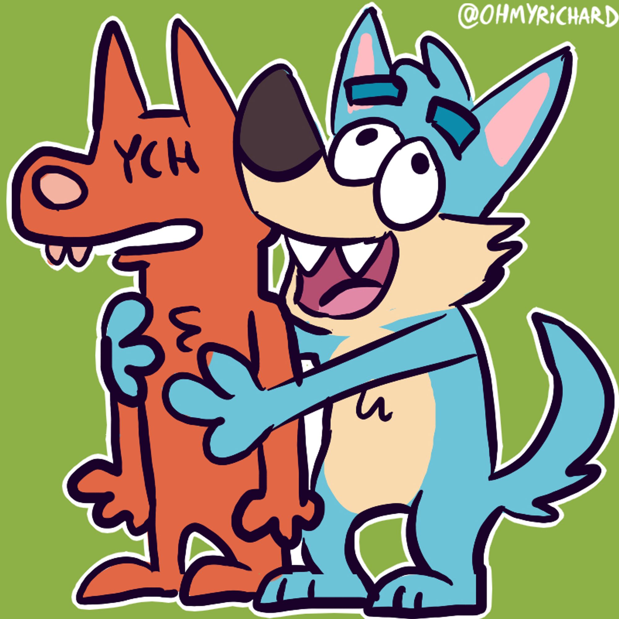 A blue cartoon wolf hugging a red YCH

🎨 Date created: 2019-07-29
#OHMYRICHARDart #Cartoon #CartoonArt #Furry #FurryArt #FurryStickers #TelegramStickers