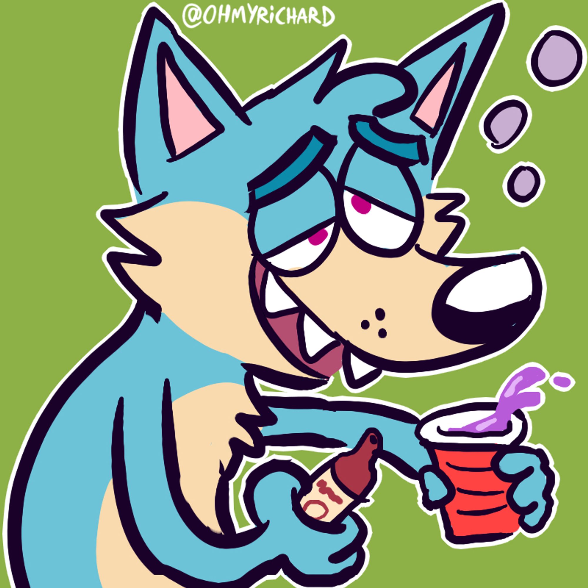 A blue cartoon wolf, drunk, woozy, wobbly, and barely able to hold his red solo cup of Lean

🎨 Date created: 2019-07-29
#OHMYRICHARDart #Cartoon #CartoonArt #Furry #FurryArt #FurryStickers #TelegramStickers