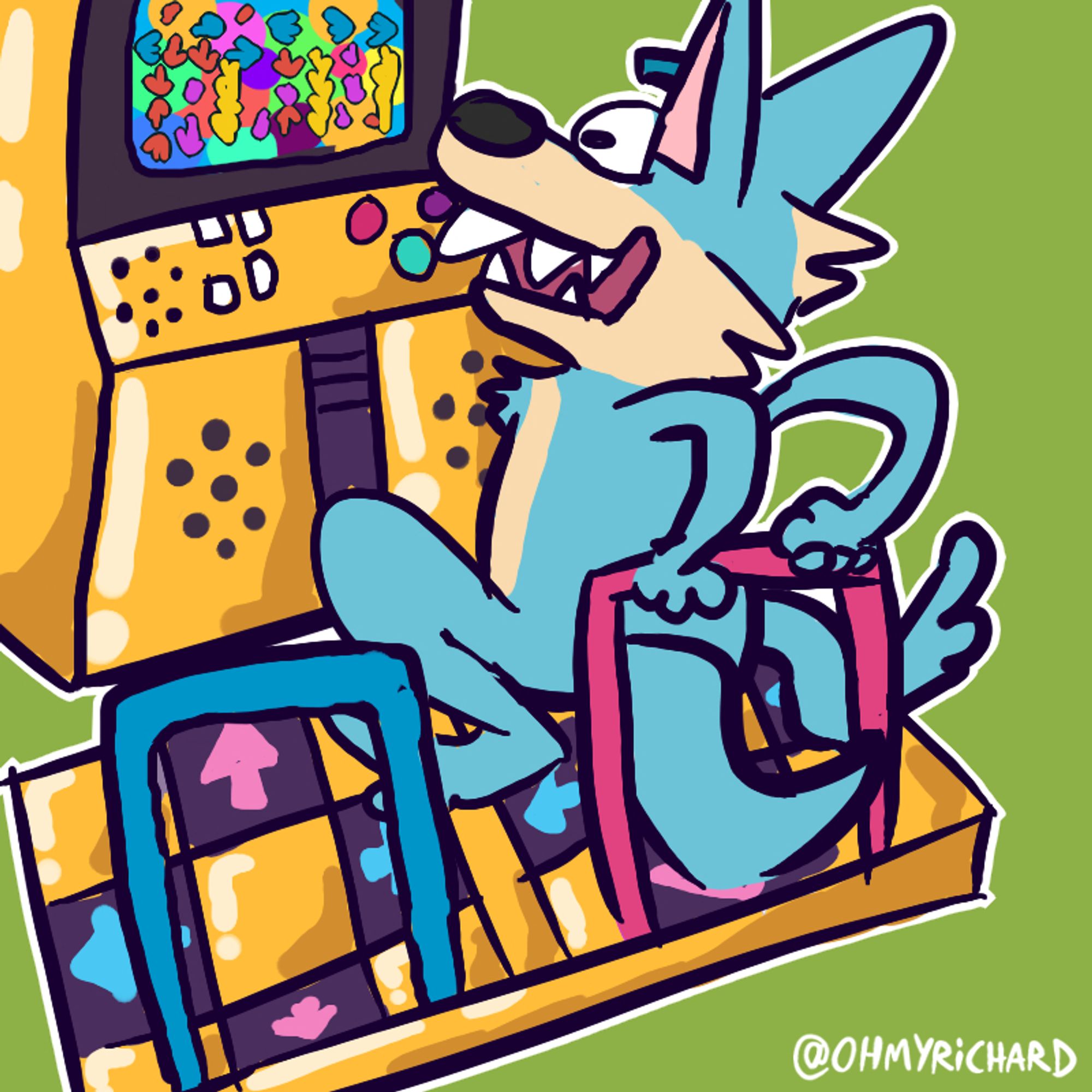 A blue cartoon wolf playing an intense game of DDR (Gold Deluxe Edition)

🎨 Date created: 2019-07-29
#OHMYRICHARDart #Cartoon #CartoonArt #Furry #FurryArt #FurryStickers #TelegramStickers  #RhythmGame