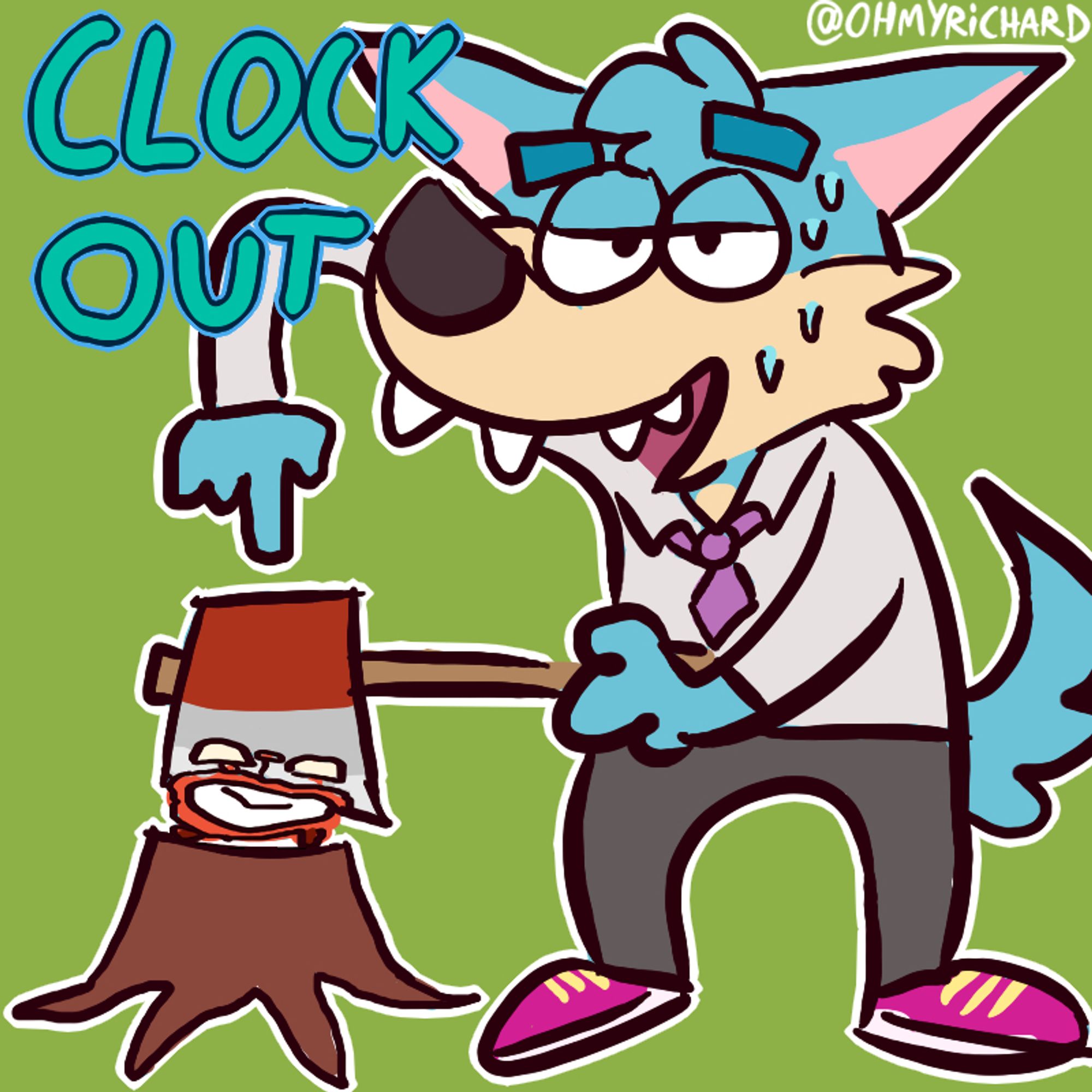 A blue cartoon wolf chopping an alarm clock in half with an Axe on a tree stump. The wolf is wearing office attire and pink shoes. the text on the top left reads: "CLOCK OUT"

🎨 Date created: 2019-07-29
#OHMYRICHARDart #Cartoon #CartoonArt #Furry #FurryArt #FurryStickers #TelegramStickers