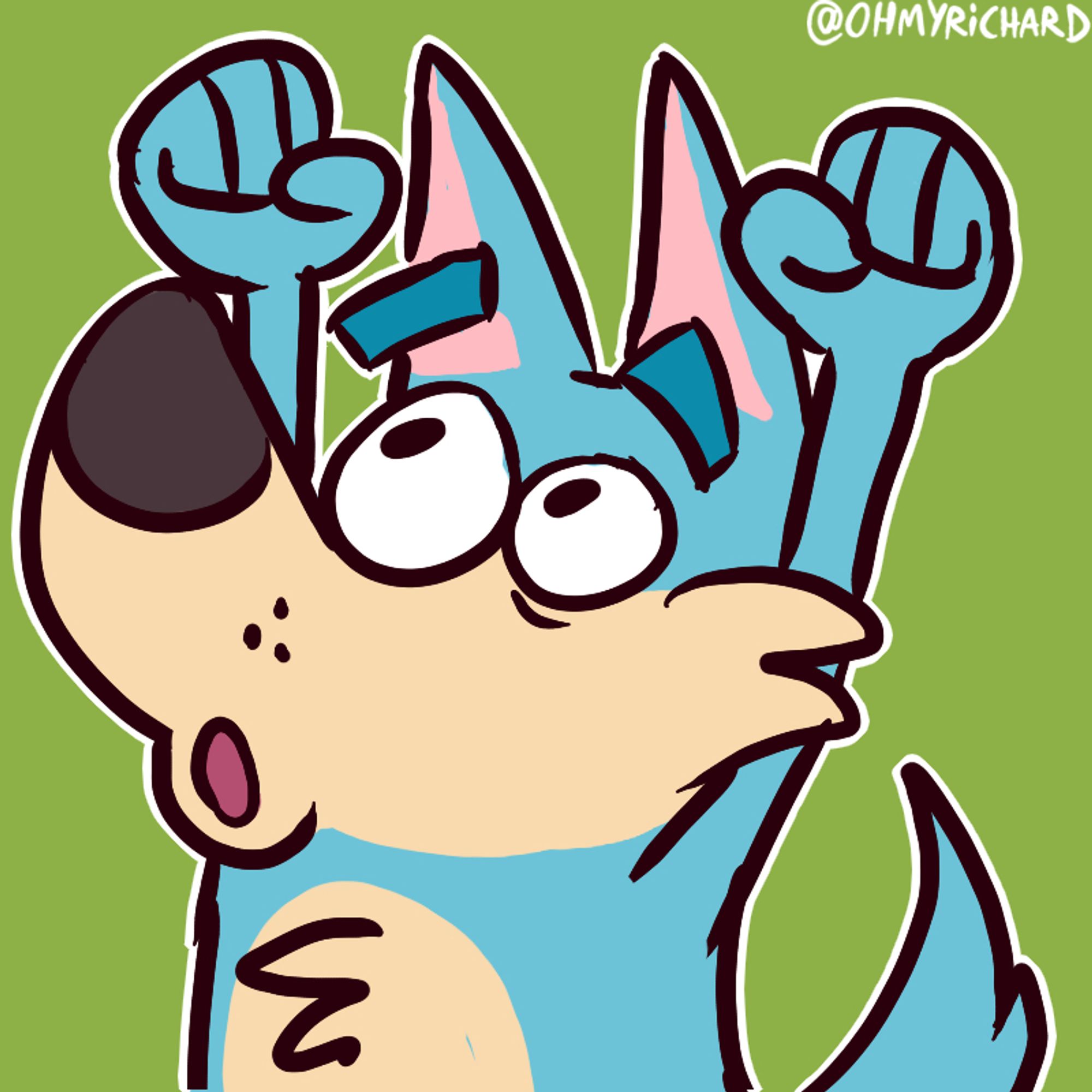 A blue cartoon wolf excitedly pumping both his fists in the air, while making a "WOOOOOOOOHH!!" face. (People say this is very Blue-Core. i can see why tbh lol)

🎨 Date created: 2019-07-29
#OHMYRICHARDart #Cartoon #CartoonArt #Furry #FurryArt #FurryStickers #TelegramStickers