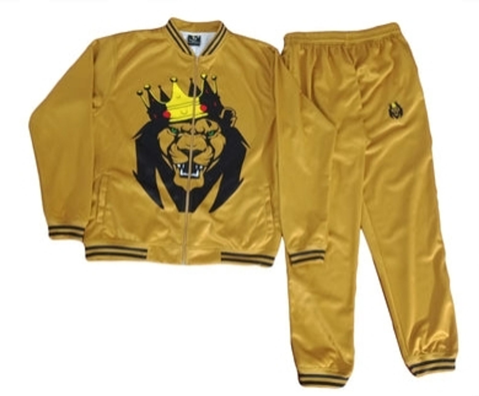 A gold-coloured tracksuit, embroidered with a lion's head wearing a crown