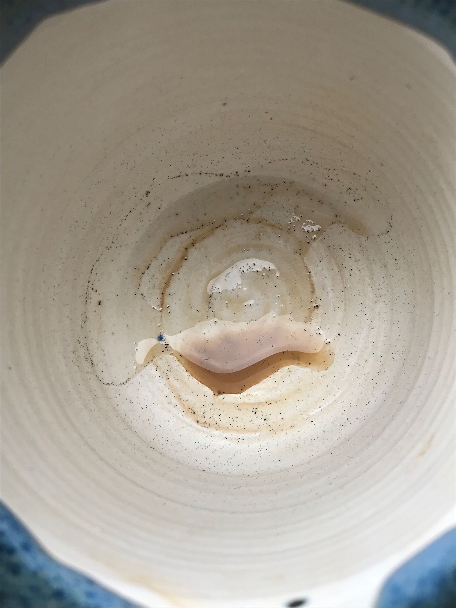 Foto von oben in einen kaffeebecher 
Rest Kaffee mit hübschen Körnchen von Rhein Braun drin