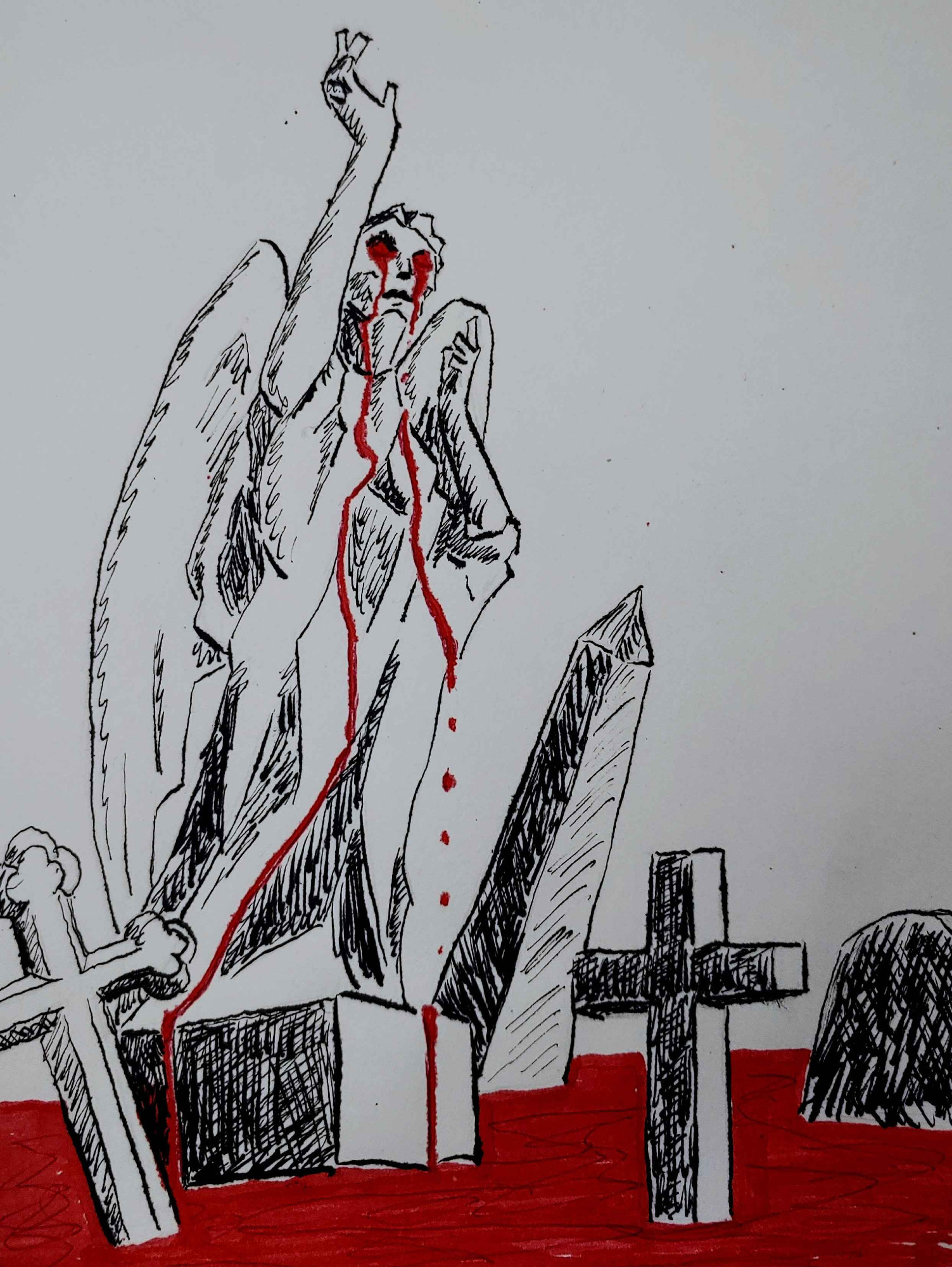 A drawing of a large angel statue crying blood in a cemetery flooded with blood.