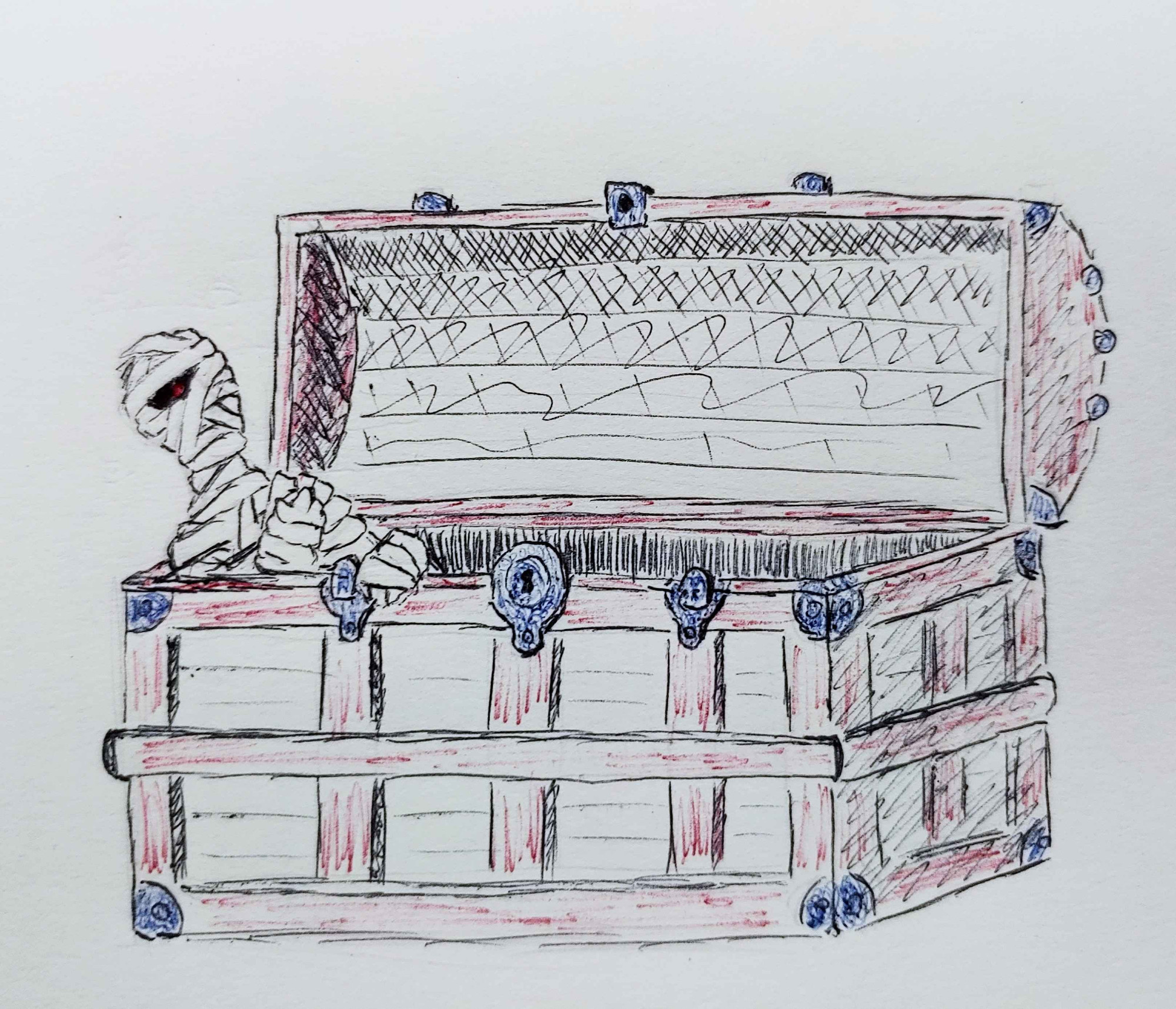 A drawing of a mummy peaking out of an open steamer trunk.