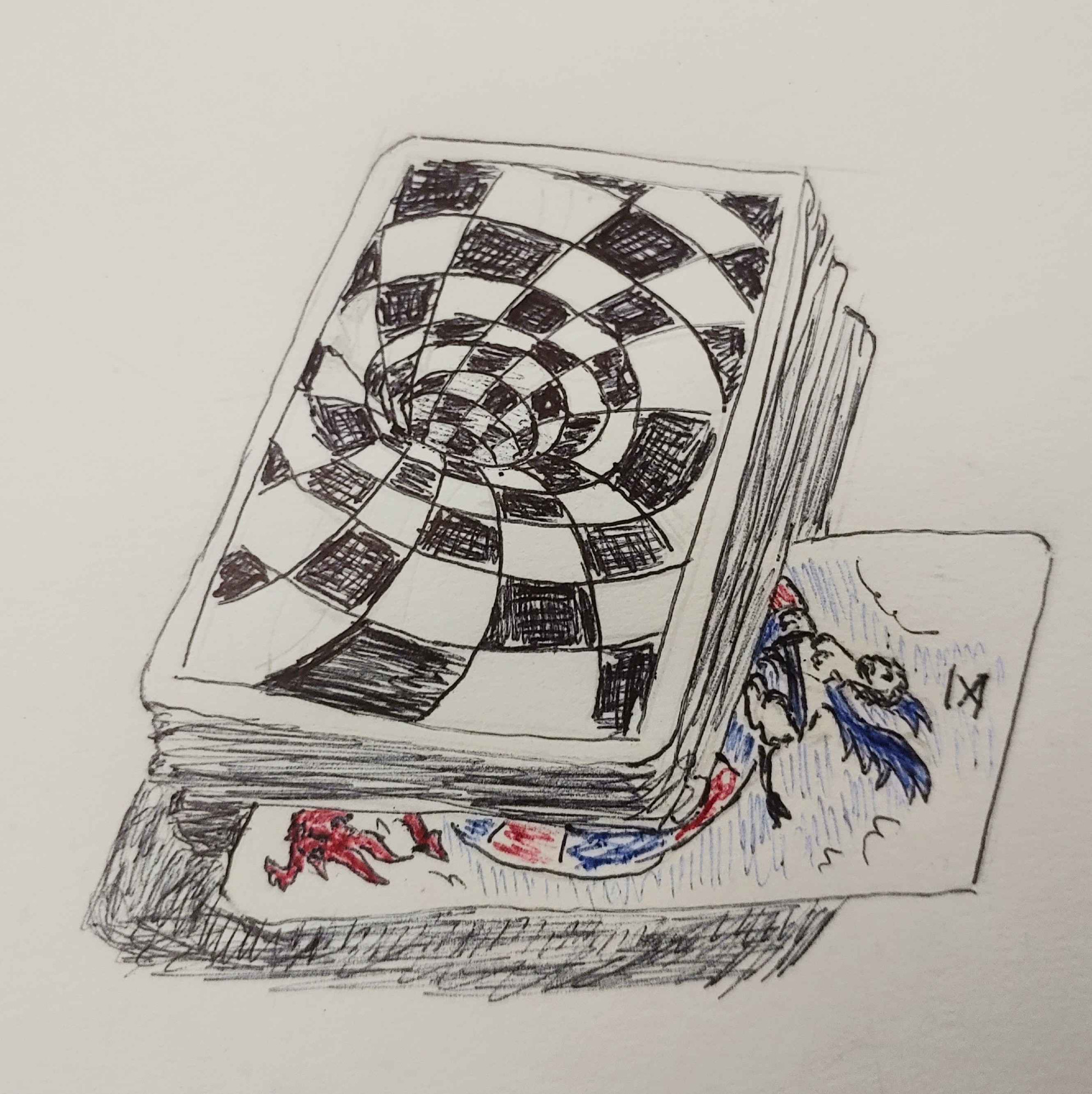 A drawing of a deck of cards with a checkerboard hole optical illusion back. A wheel of Fortune Tarot card sticks out of the deck sideways