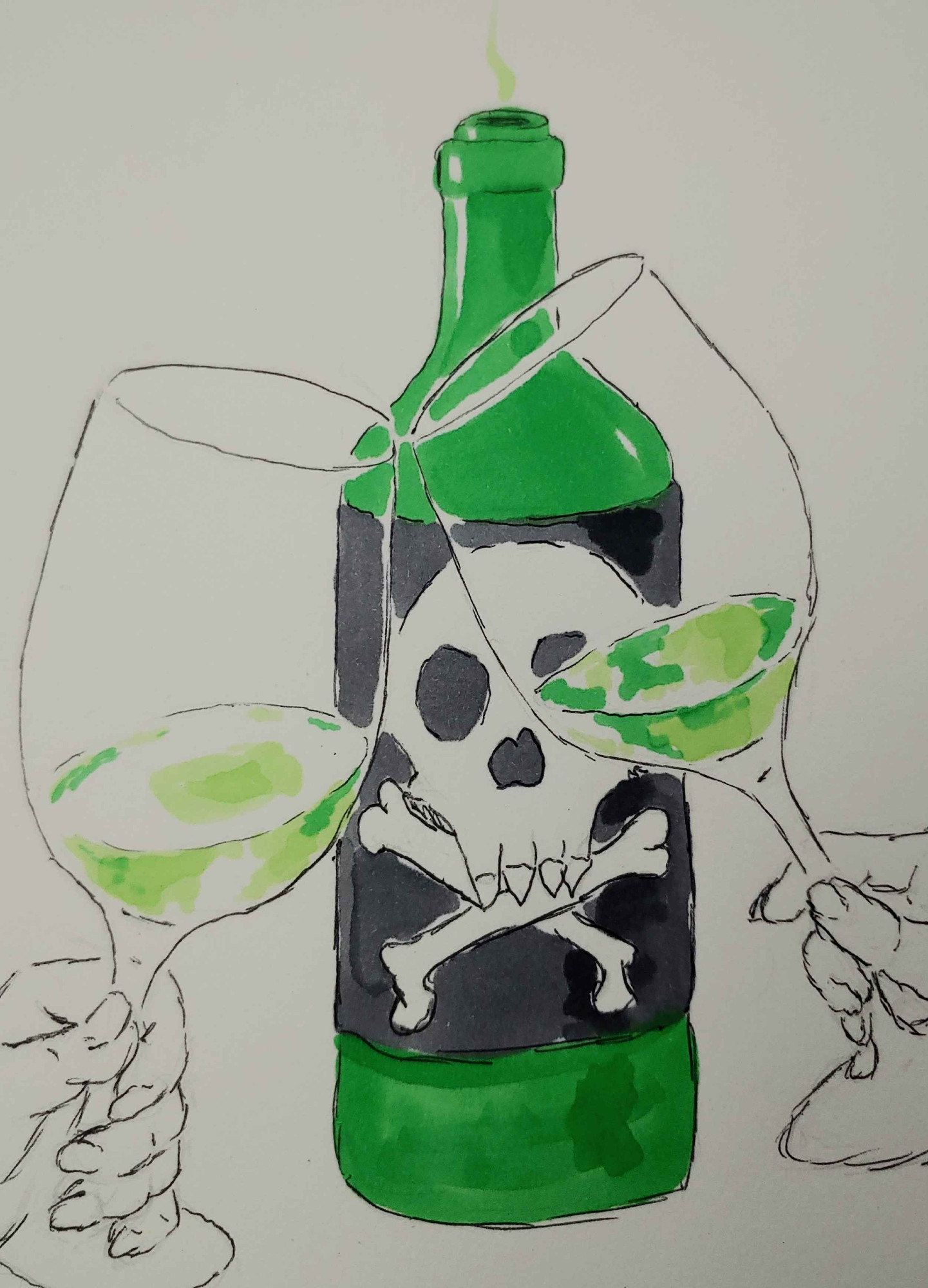 A drawing of two hands raising glasses of green liquid in front of a wine bottle marked with a skull and crossbones. a small wisp of green smoke emanates from the mouth of the bottle.