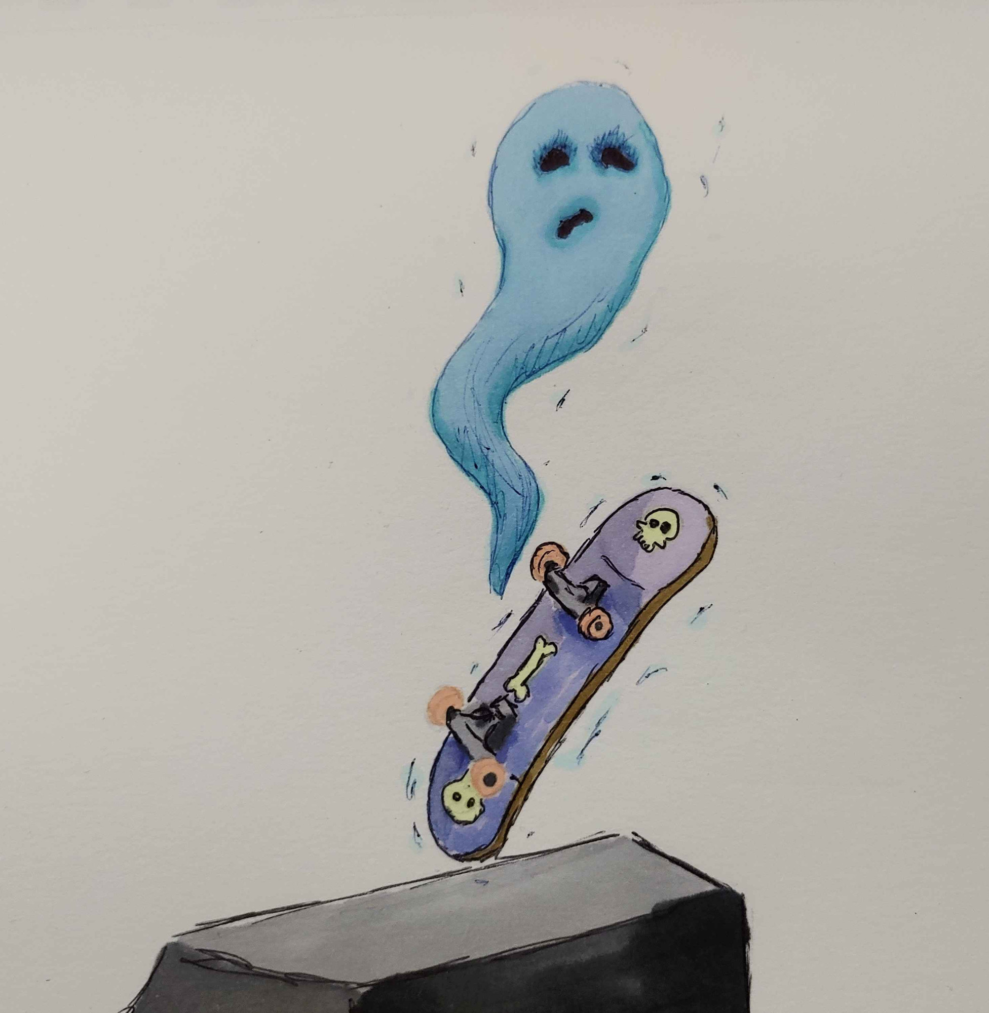 A drawing of a ghost doing a kickflip on a skateboard off a quarterpipe.