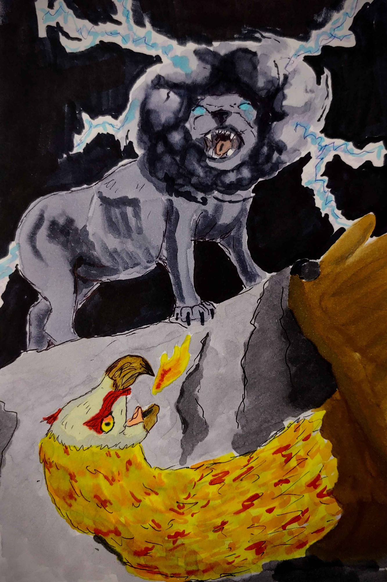 A drawing of a storm lion roaring at a giant fire vulture.