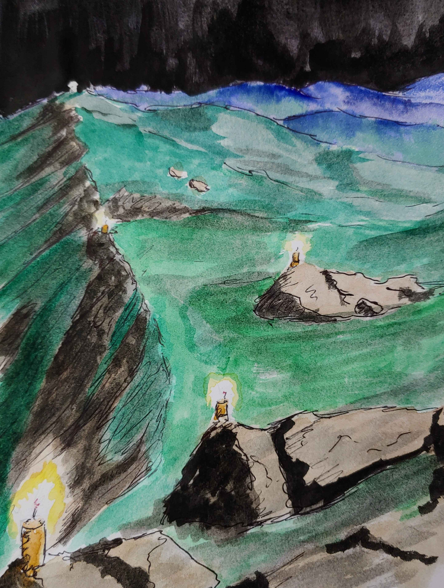 A drawing/painting of a mountain ridge at night with several candles arranged on the peaks.