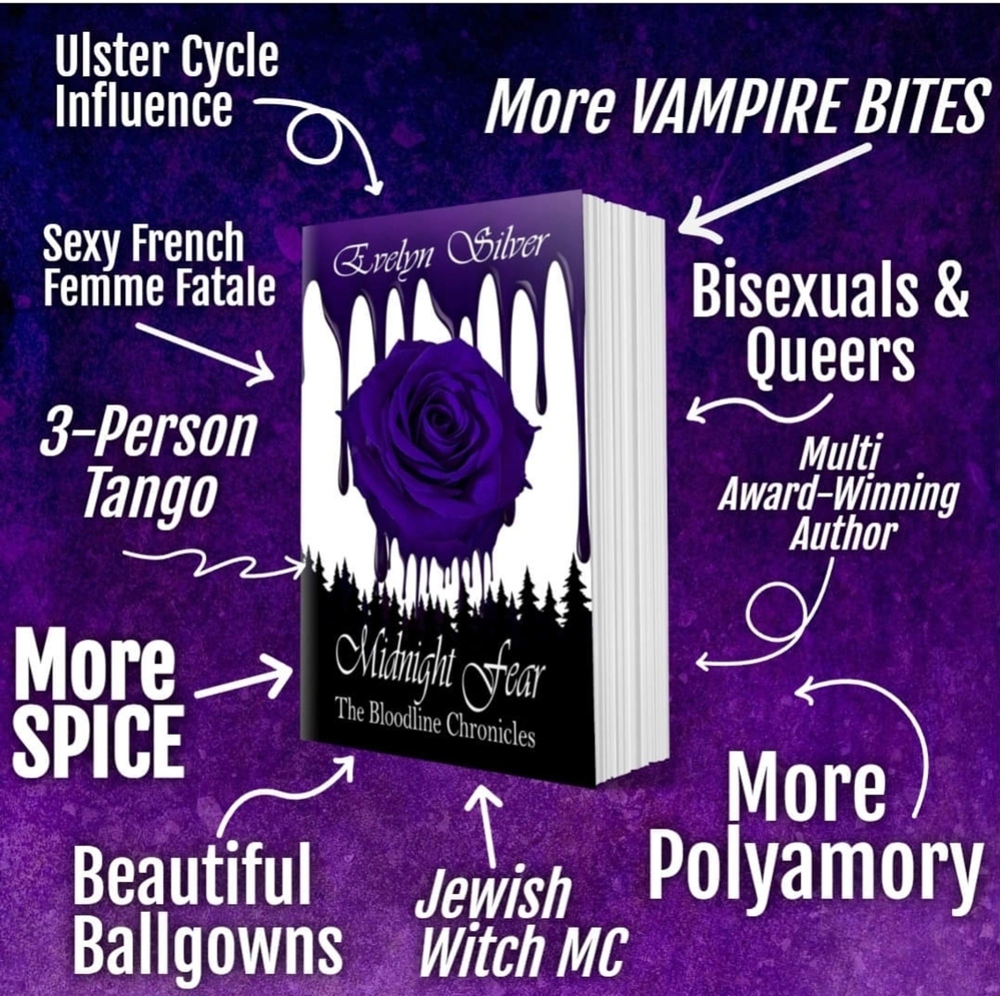 Image is of the book Midnight Fear by Evelyn Silver in the center, surrounded by arrows with various descriptions. They are as follows in clockwise order: More vampire bites, bisexuals and queers, multi award-winning author, more polyamory, Jewish witch MC, beautiful ballgown, more spice, 3-person tango, sexy French fatale, and Ulster Cycle influence.