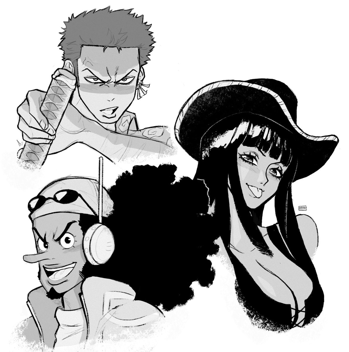 Sketches of Roronoa Zoro, Nico Robin, and Usopp from One Piece.