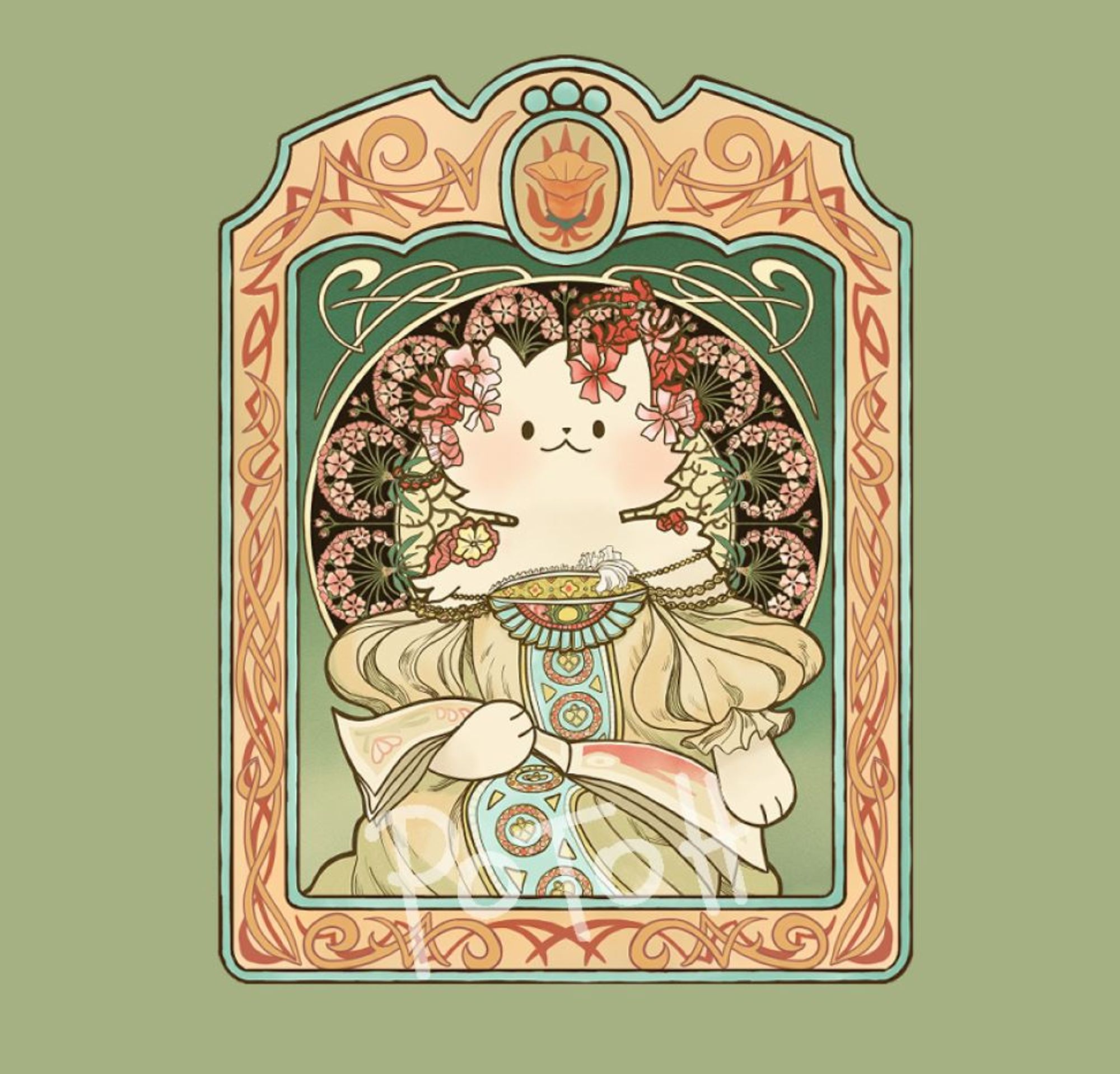 Screenshot of an illustration inspired by Alfons Mucha's "Daydream". The drawing shows a white cat with red flowers on her head. She is wearing a yellow-ish, white dress with big sleeves. The drawing has an orange frame surrounding it with a Jugenstil-inspired pattern.