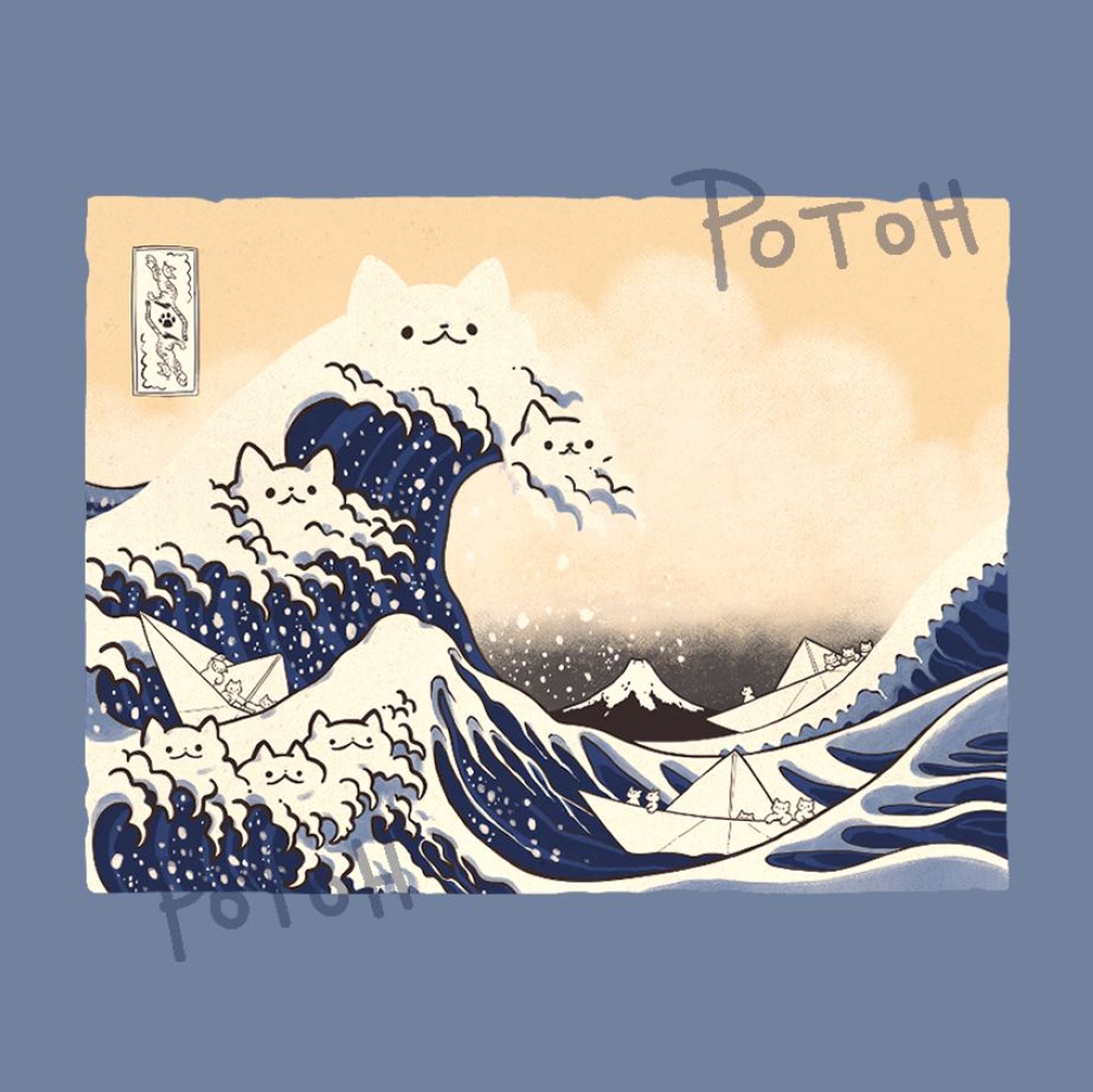 Illustration inspired by the Great Wave off Kanagawa by Katsushika Hokusai. The white waves have cat ears and cat faces. Paperboats are riding on the smaller waves, in it are tiny white cats. The background shows a yellow sky with mount Fuji in the center.