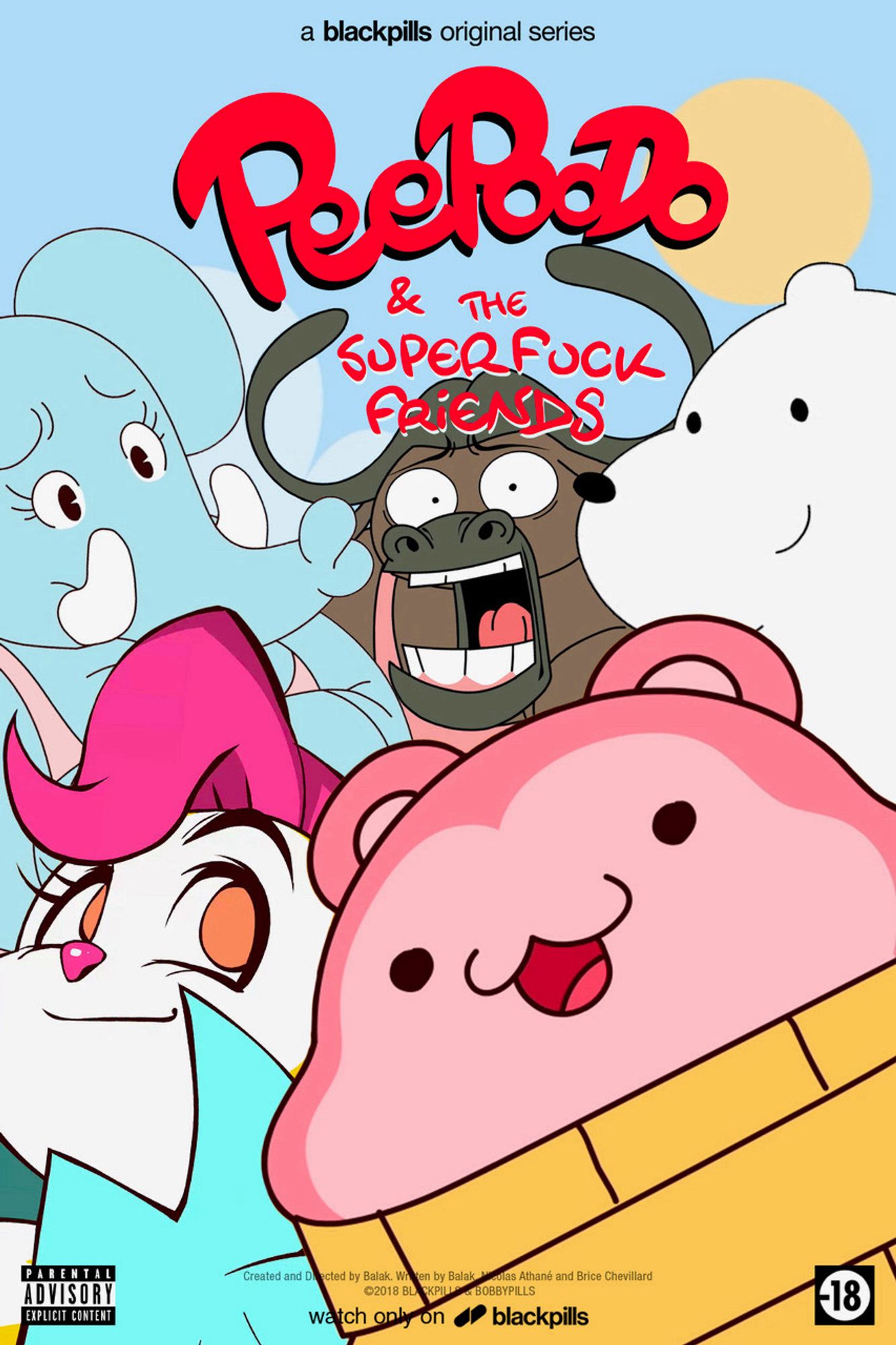 In kiddy cartoon style, 5 brightly coloured characters appear on a poster for PeePoodo & the Super Fuck Friends (which, as the name suggests, is not at all for kids)