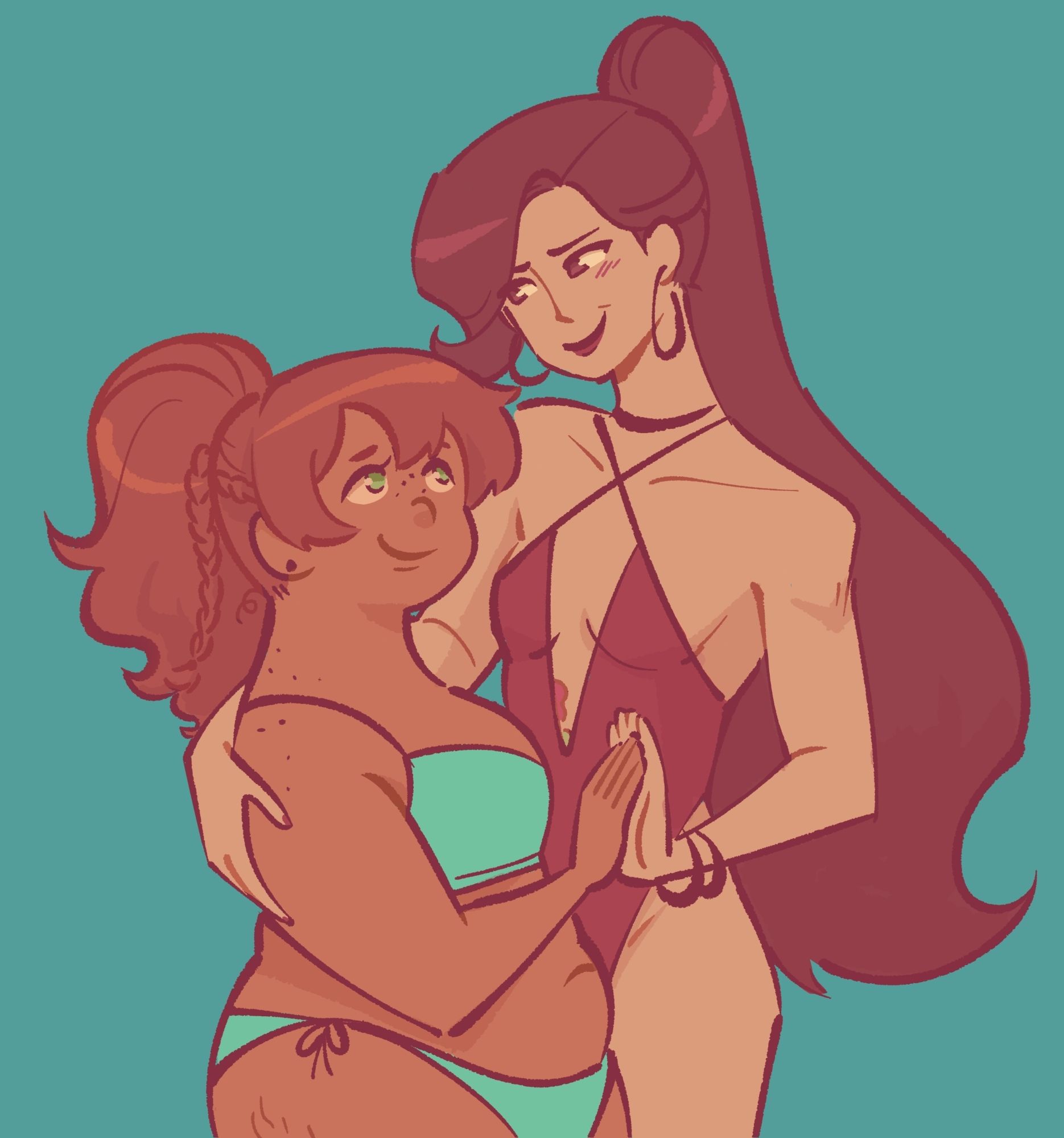 Lillian and Reina in swimsuits loving looking at each other and comparing hand sizes