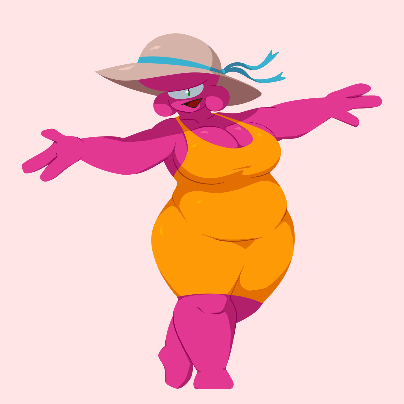 This is Mar, a pink cyclops character. She's wearing a big hat and a yellow dress, and she's in a flashy pose, taking a step forward with her arms out to either side of her and a big smile on her face.